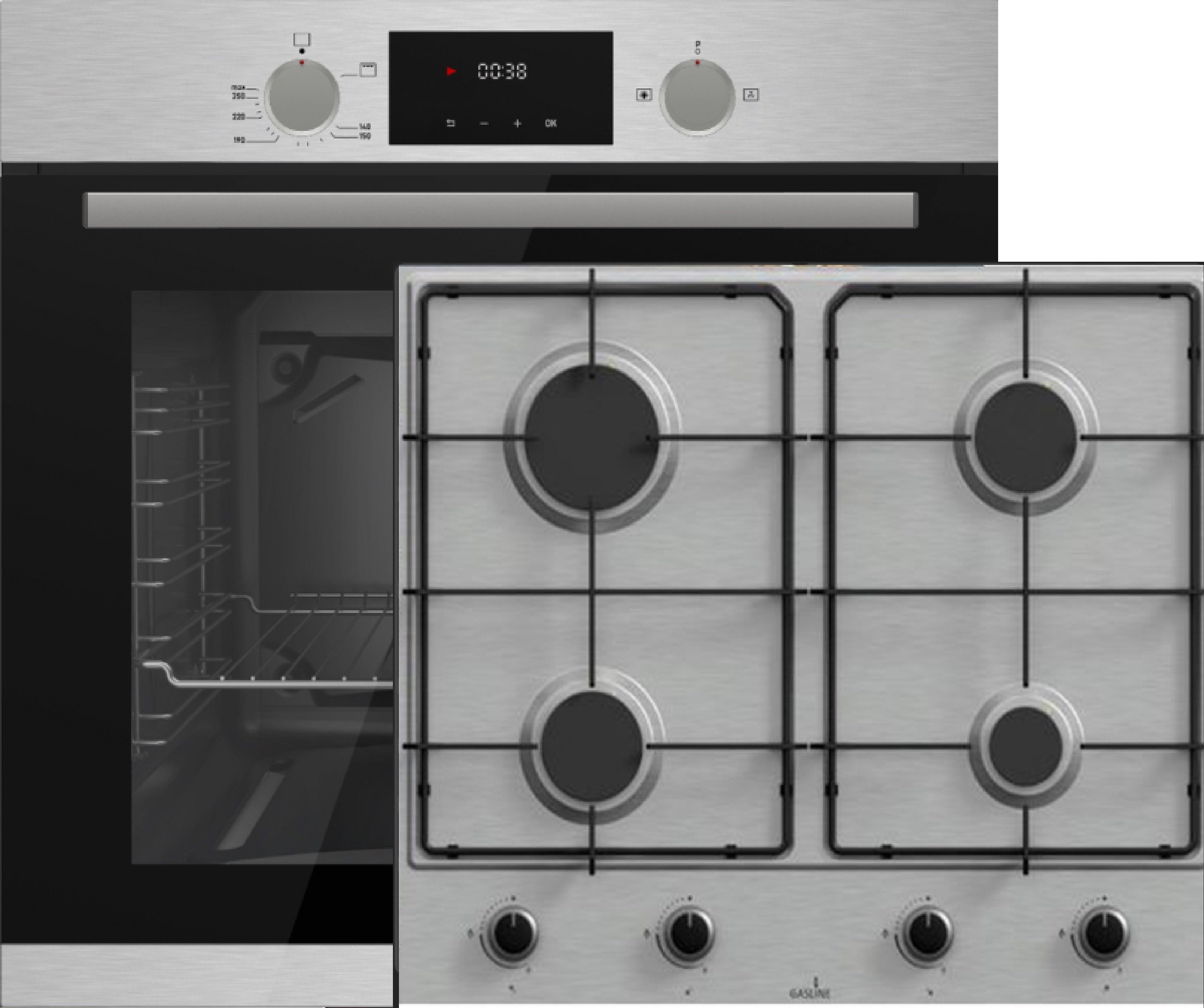 Gasline Einbaubackofen Gasline Einbaubackofen GB850-FIX 69L +Gaskochfel GAG60INX Edelstah