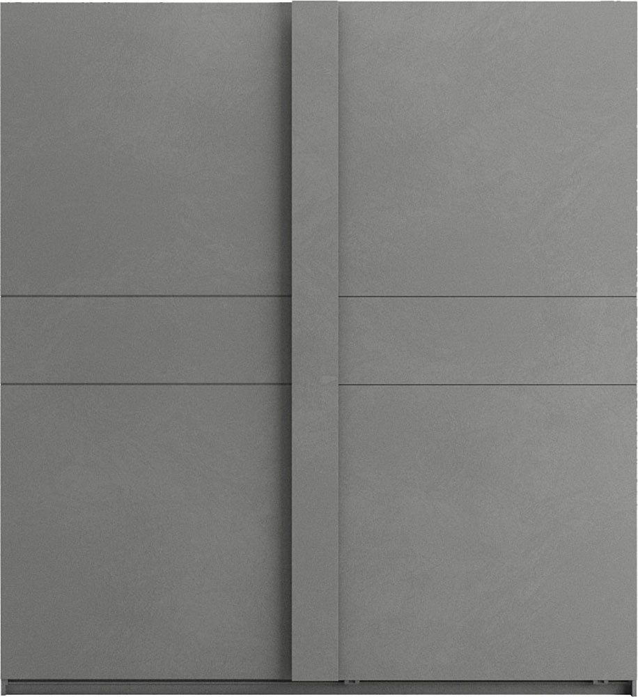 INOSIGN Schwebetürenschrank Jupiter, Schiebetürenschrank in Steingrau 2 Breiten, moderne Griffblende, Metallgriffleisten, 22 mm Böden