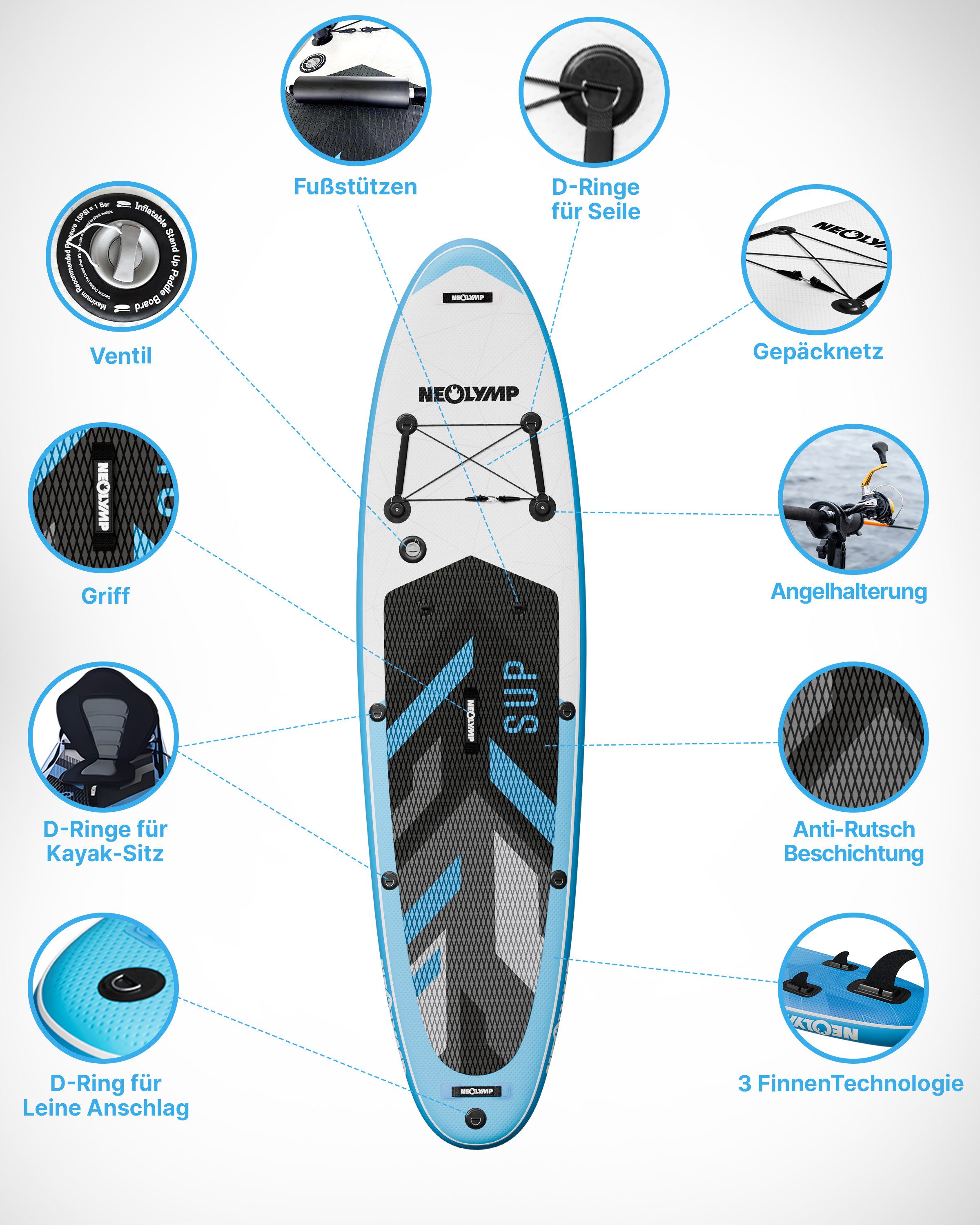 NEOLYMP SUP-Board Aufblasbares Stand Up Paddle Board 315 cm – SUP Komplett-Set 13-tlg, (Stand Up Paddle 315 cm – SUP Komplett-Set 13-tlg. - 150 kg Traglast), für Kinder & Erwachsene – 150 kg Traglast - Paddleboard aufblasbar