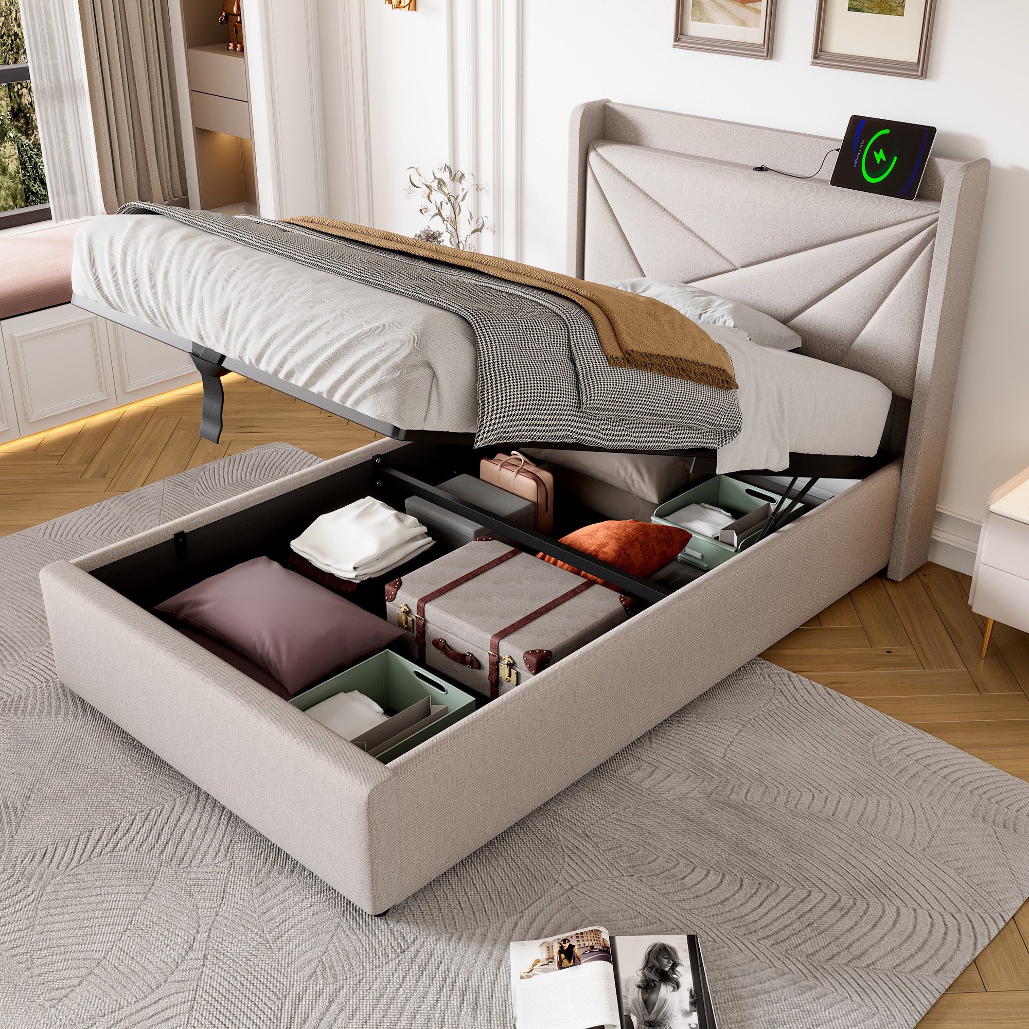 Flieks Polsterbett, Massivholz Stauraumbett mit USB/Typ-C Ladeanschluss 90x günstig online kaufen