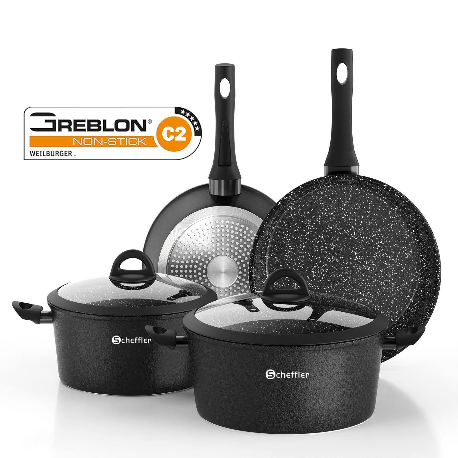 Scheffler Topf-Set 6tlg Induktions Töpfe Set Schwarze Antihaftbeschichtung mit Glasdeckel, Aluminium (Set, 4-tlg., Ø24 4,4L/Ø28 6,5L Töpfe,24 5,8cm/28 6,8cm Pfanne), Induktionsgeeignet