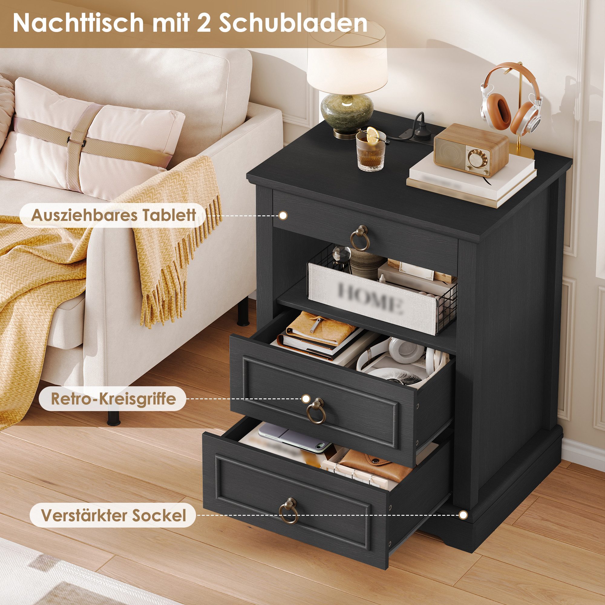 HOMECHO Nachttisch, mit LED, Steckdose & 3 Schubladen 1 Piece or 2 set, Weiß/Schwarz