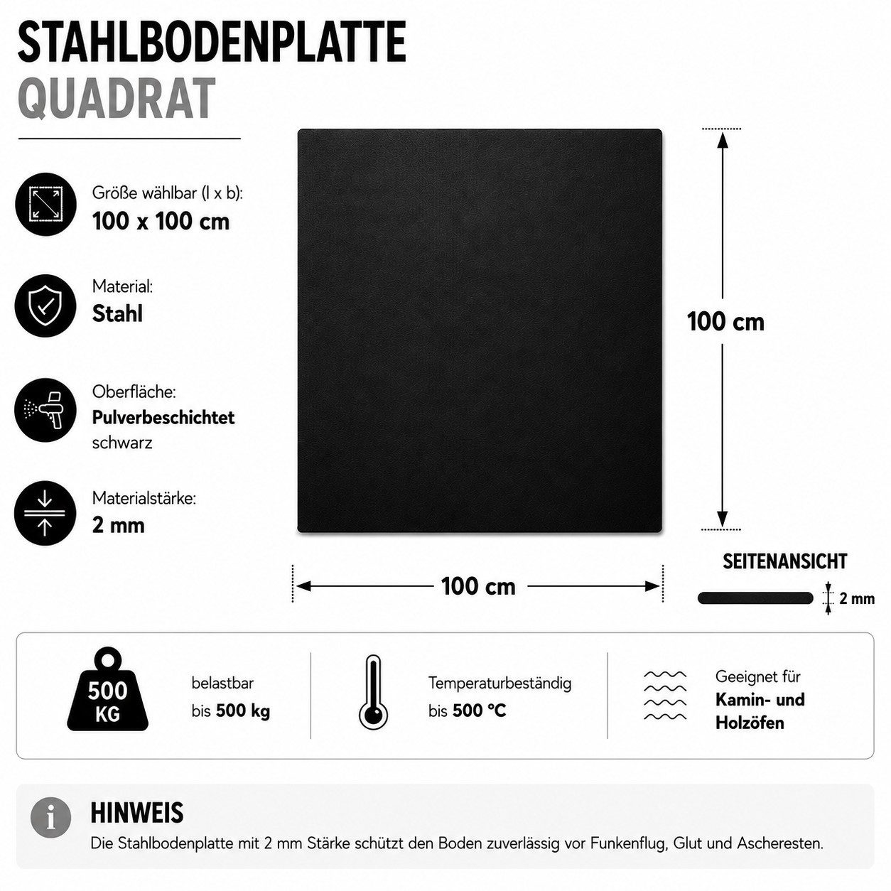 Hanseatic Bodenschutzplatte für Kaminöfen Quadrat 100 Stahl, 1-St., Stahl-Quadrat, 100 x 100 cm, 2mm Stärke, schwarz, zum Funkenschutz – Bild 2 von 4