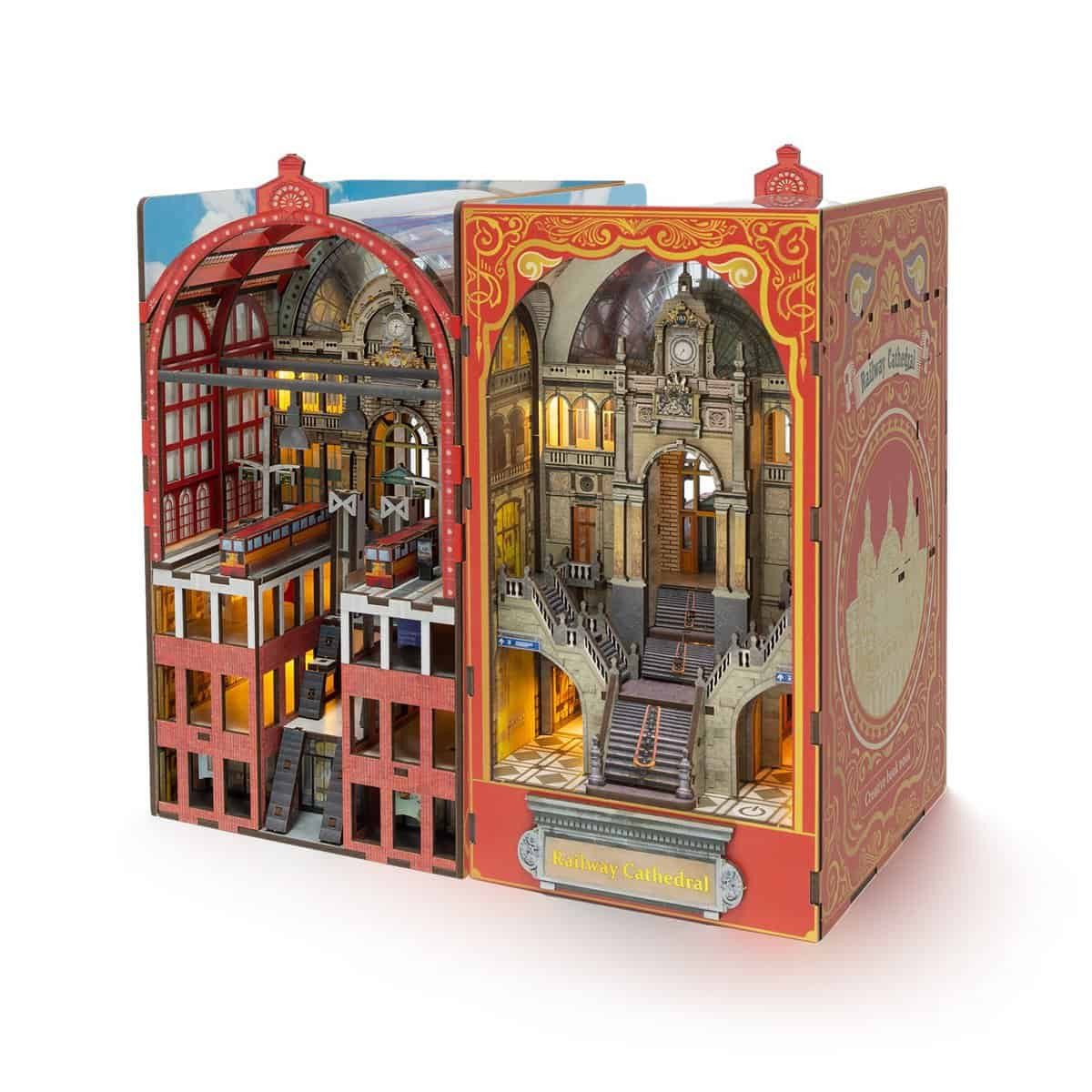 Kitcreatives 3D-Puzzle Buchstütze Railway Cathedral mit Lichtsensor DIY 3D Puzzle Holz, Puzzleteile