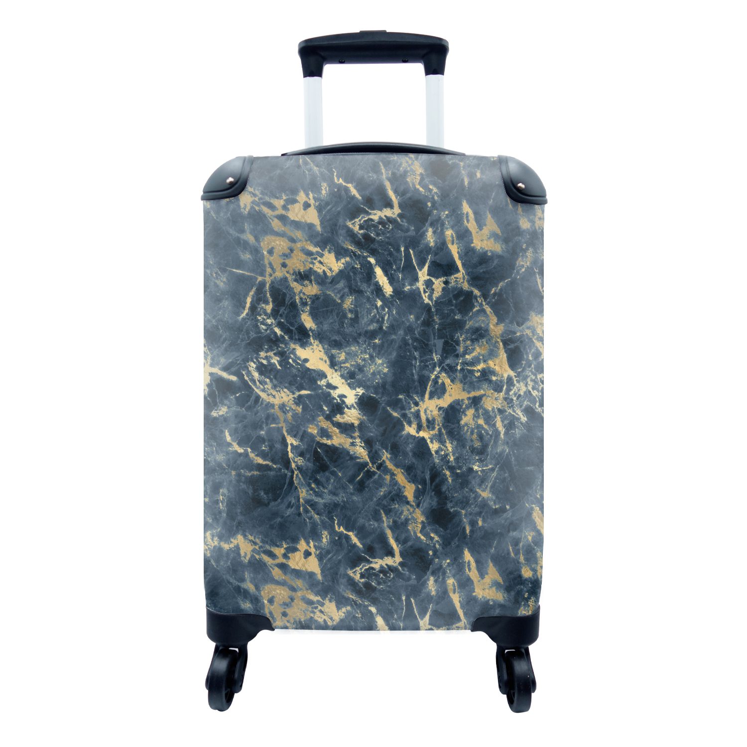 MuchoWow Handgepäckkoffer Gold - Marmor - Muster - Blau, 4 Rollen, Reisetasche mit rollen, Handgepäck für Ferien, Trolley, Reisekoffer