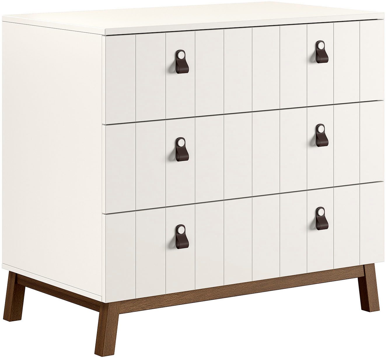 Vipack Kommode Sezane mit Front in Rillen-Optik und Griffschlaufen (3 große Schubladen mit Soft-Close, bieten viel Stauraum), MDF Clay farben lackiert, braune Griffschlaufe, Sockel nussbaumfarbig