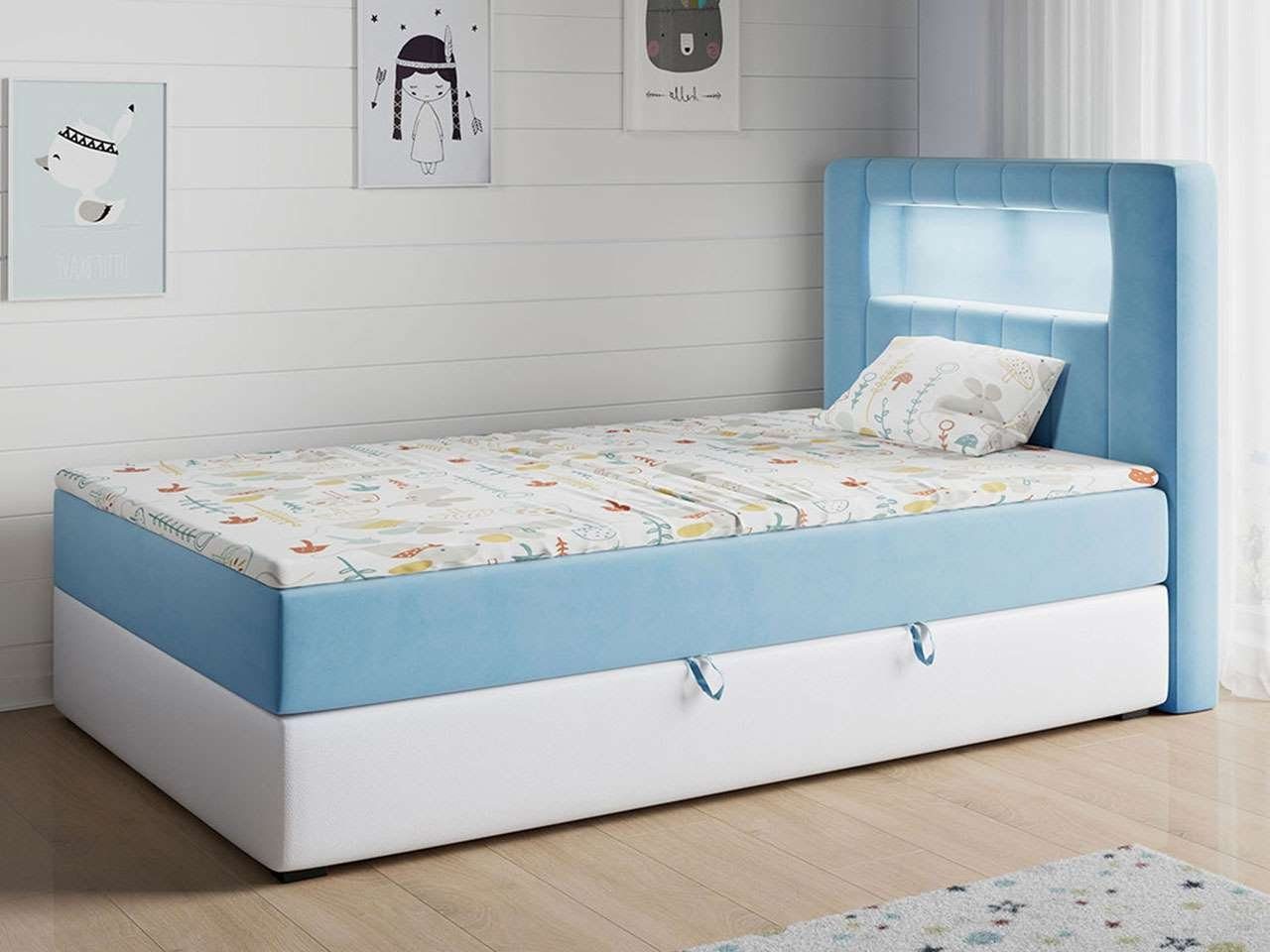 MKS MÖBEL Kinderbett GOLD 1 JUNIOR, Funktionsbett Bett Boxspringbetten für Kinderzimmer, Einzelbetten Blau und Weiß