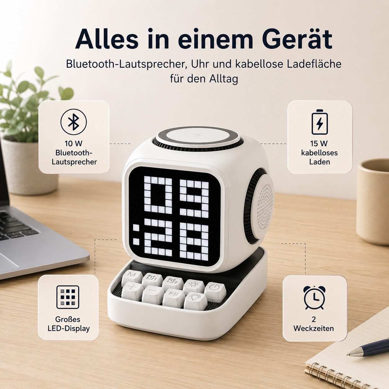 Tekoo Bluetooth Lautsprecher mit Wecker 15W Ladefunktion LED Display weiß Lautsprecher Stereo (Bluetooth, 10 W, 10W, 15W Ladefunktion, LED-Uhr, Weißes Rauschen)