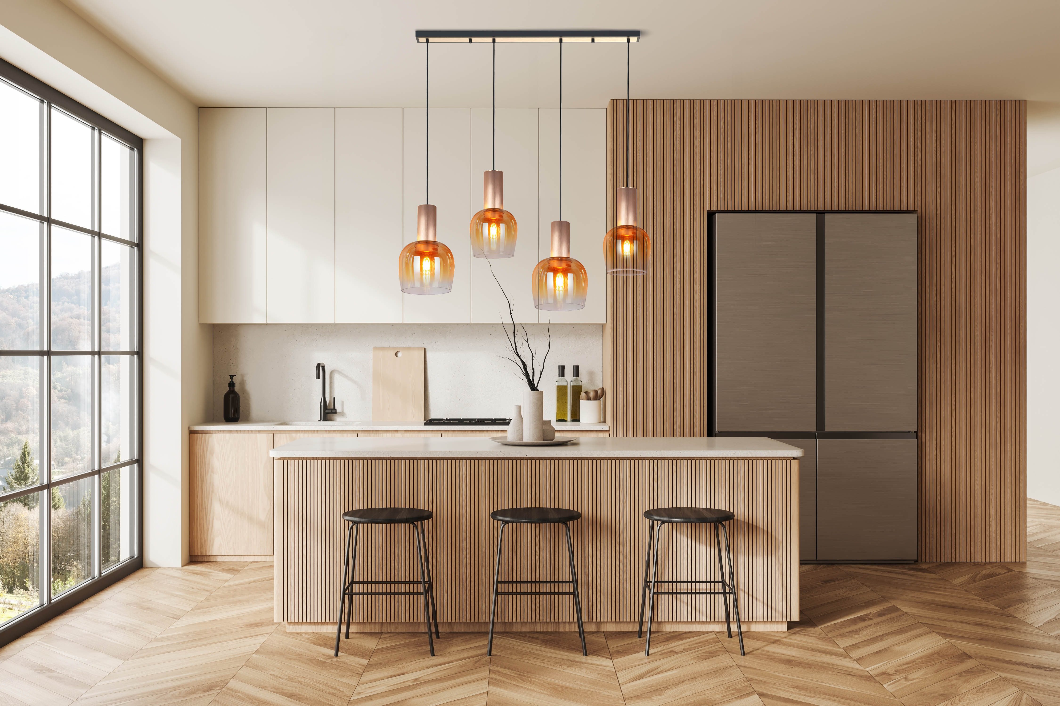 näve Pendelleuchte Funda, Leuchtmittel wechselbar, 4flg., Gläser in amber, E27 exkl. Leuchtmittel, B: 23,5cm, Höhe 150cm