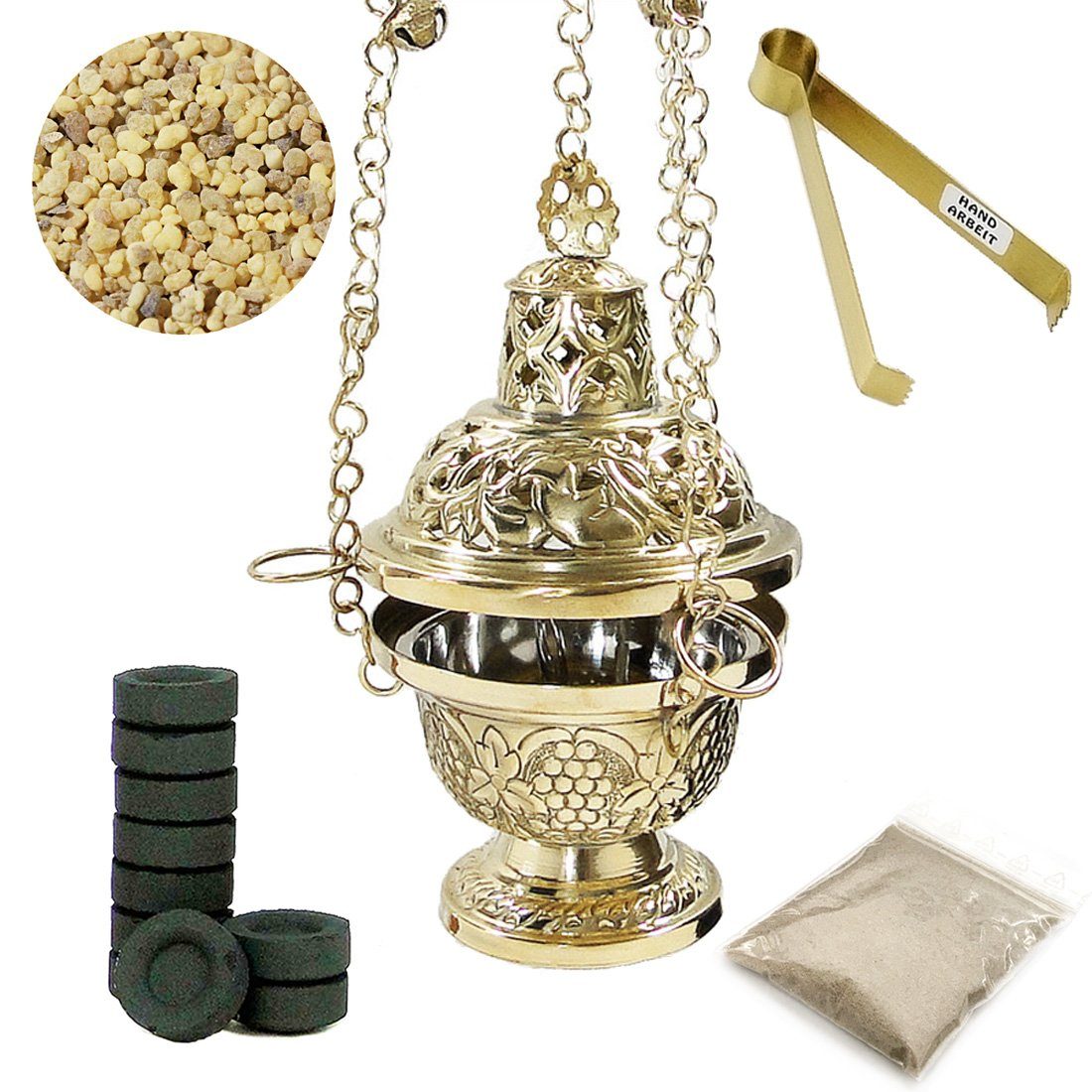 NKlaus Räucherschale 5tlg. Räucherset Weihrauchgefäß Messing mit 100g Eritrea Weihrauch Koh, Räucherstövchen