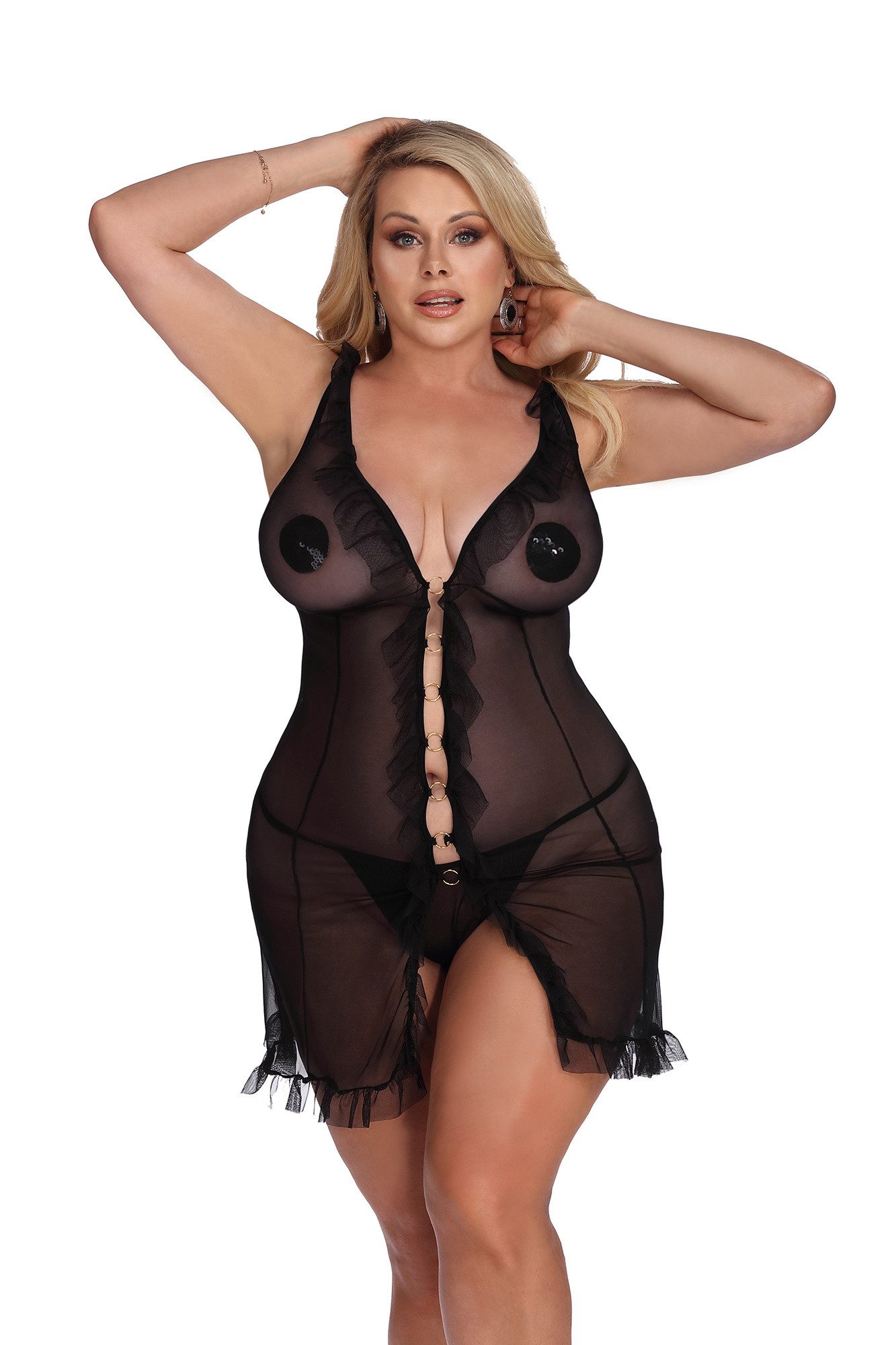 Anais Apparel Size Plus Negligé Transparentes schwarzes Negligee Plus Size elastisch aus Netzmaterial