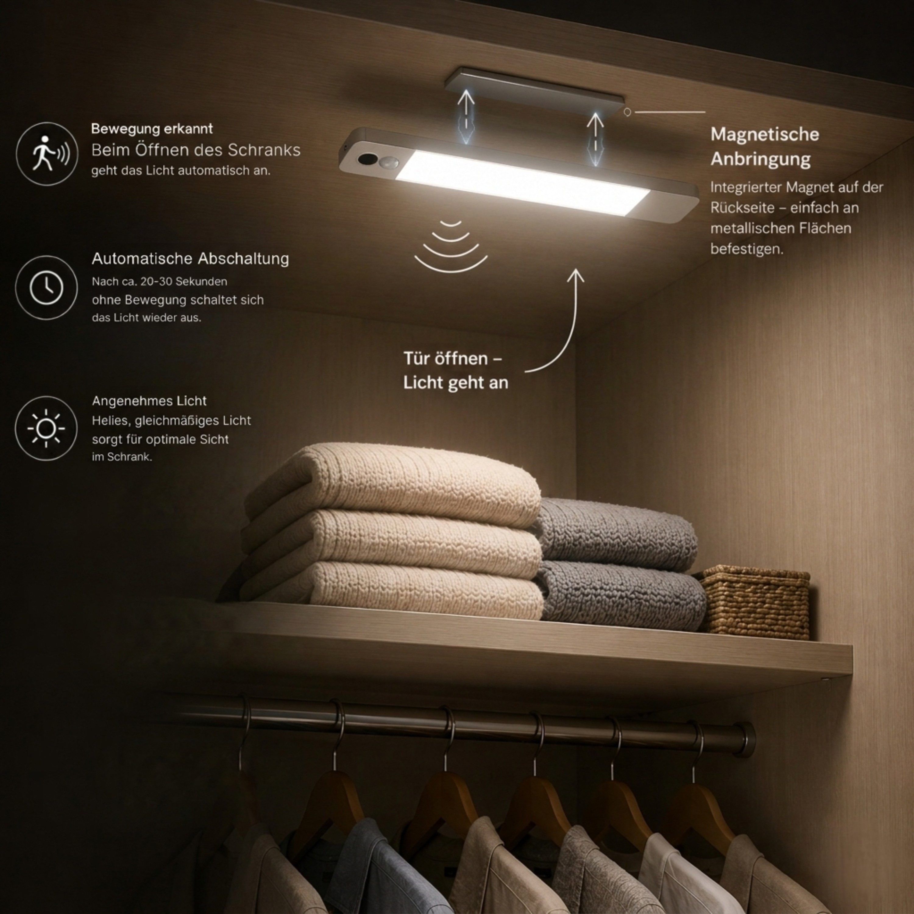 Hanseatic LED Unterbauleuchte / Schrankbeleuchtung / Lichtleiste LUBLUGHK223, Bewegungsmelder, Dimmfunktion, Ein-/Ausschalter, Sensorschalter, LED fest integriert, Neutralweiß, Akkubetrieb, 4000 K