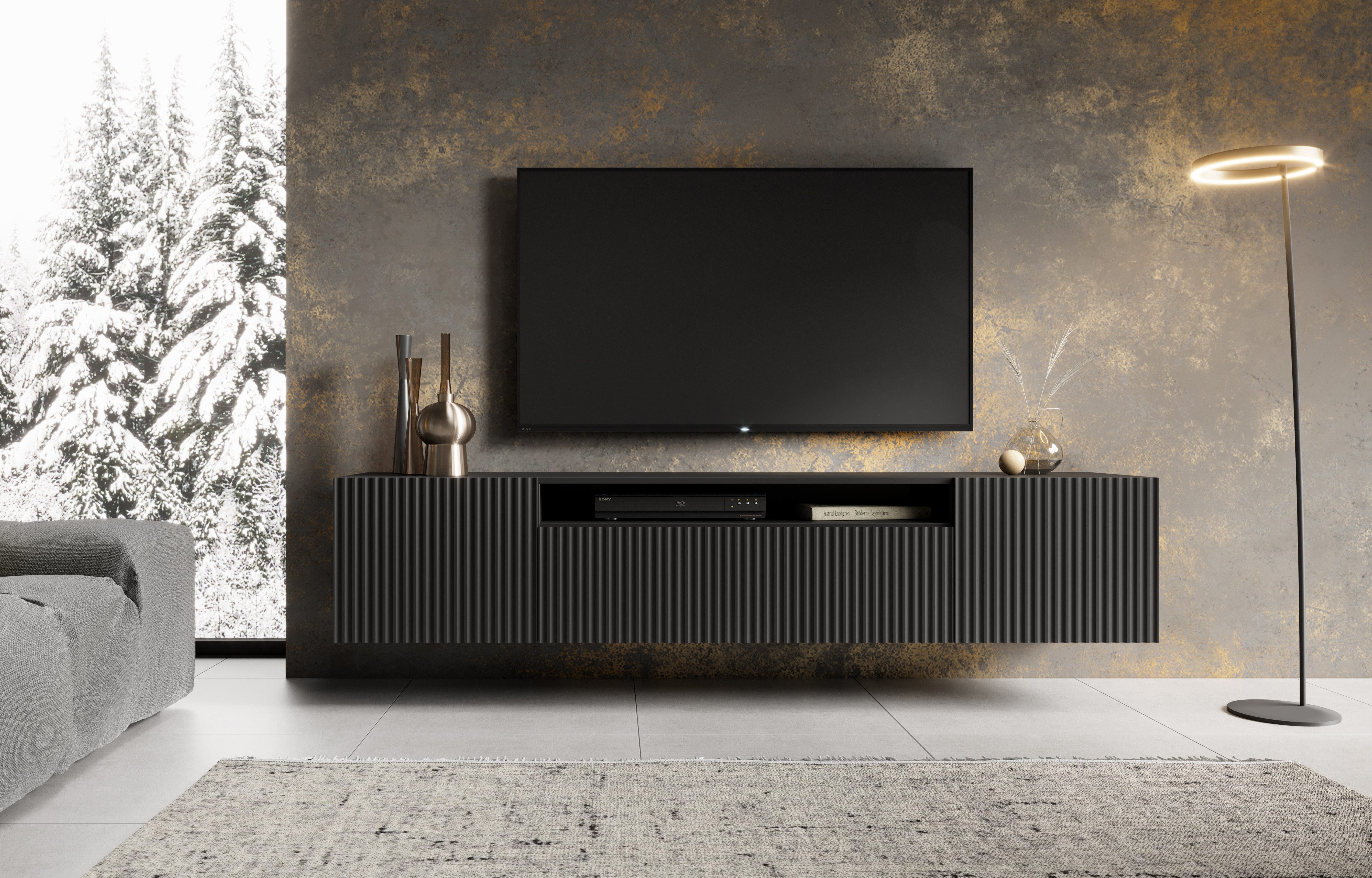 MOEBLO TV-Board VIRENO (TV-Schrank – modern, stehend oder hängend, mit geräumigen Fächern & stilvollen Fronten, 200 cm, verschiedene Farben), (BxHxT): 200 x 53 x 41 cm