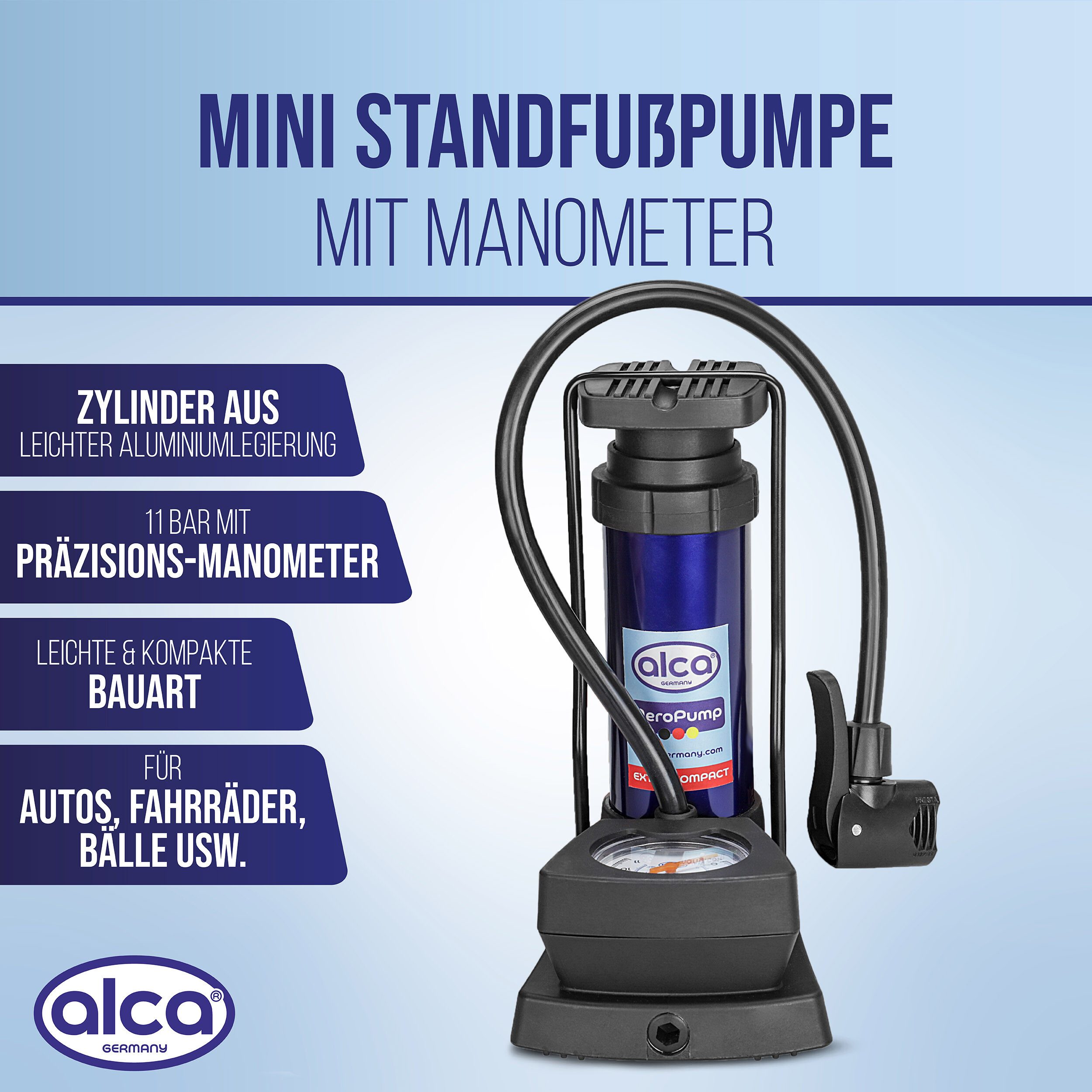 alca Luftpumpe Luftpumpe Mini Standfußpumpe Mini Standfußpumpe mit Manometer (1-tlg) – Bild 2 von 5