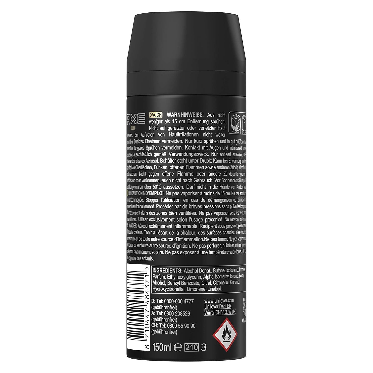 axe Deo-Spray 3x Axe Bodyspray Gold Deo ohne Aluminium 150 ml, 3-tlg., bekämpft geruchsbildende Bakterien und unangenehme Gerüche