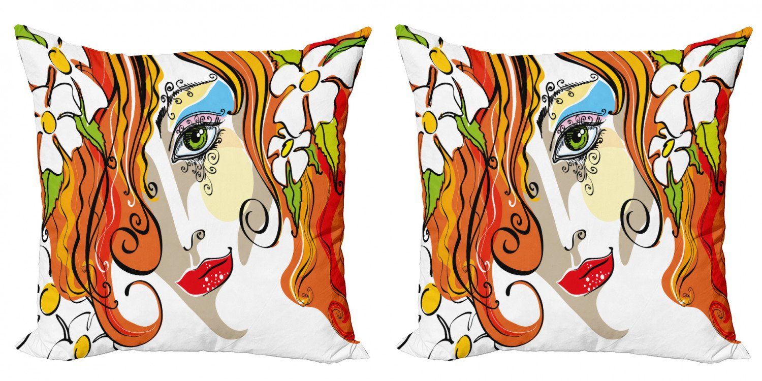 Blumen Frau Digitaldruck, Accent Stück), Abakuhaus Modern rotes (2 Haar Abstrakt Doppelseitiger Kissenbezüge