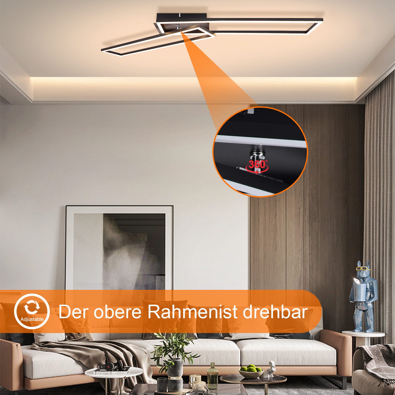 ZMH LED Deckenleuchte Wohnzimmer 2 Rahmen Modern 3000K Schwarz/Weiß 32W Deckenlampe, Augenschutz, Einfache Installtion, Einstellbare Helligkeit, LED fest integriert, Warmweiß, Küchenlampe Esszimmerlampe Rechteckig für Schlafzimmer
