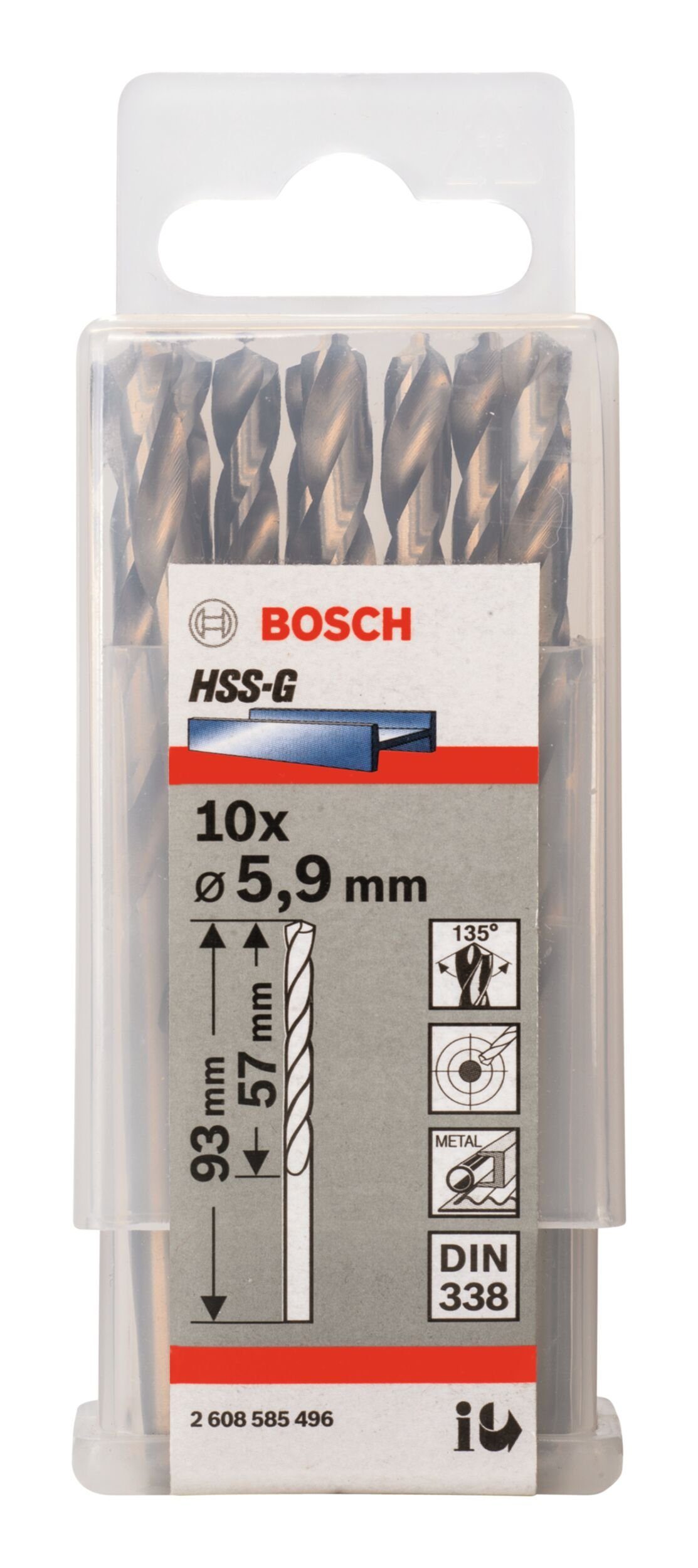 BOSCH Metallbohrer, (10 x 338) Stück), HSS-G - 57 93 mm 10er-Pack (DIN - 5,9 x