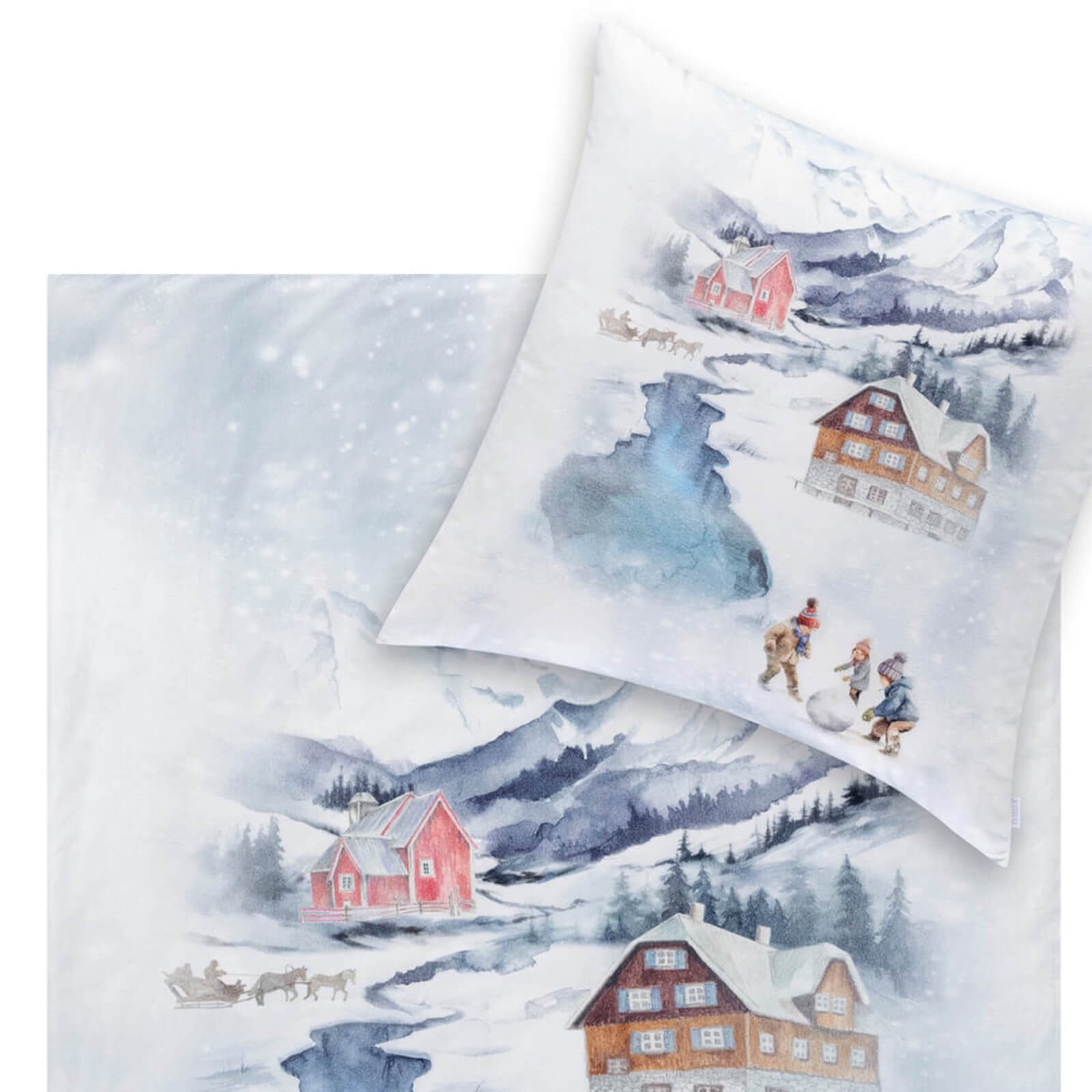 Estella Bettwäsche Mountain Lake 4472 101 Schnee, Flanell, 2 teilig, Schnee, Gebirge, Kinder, Berghäuser, See