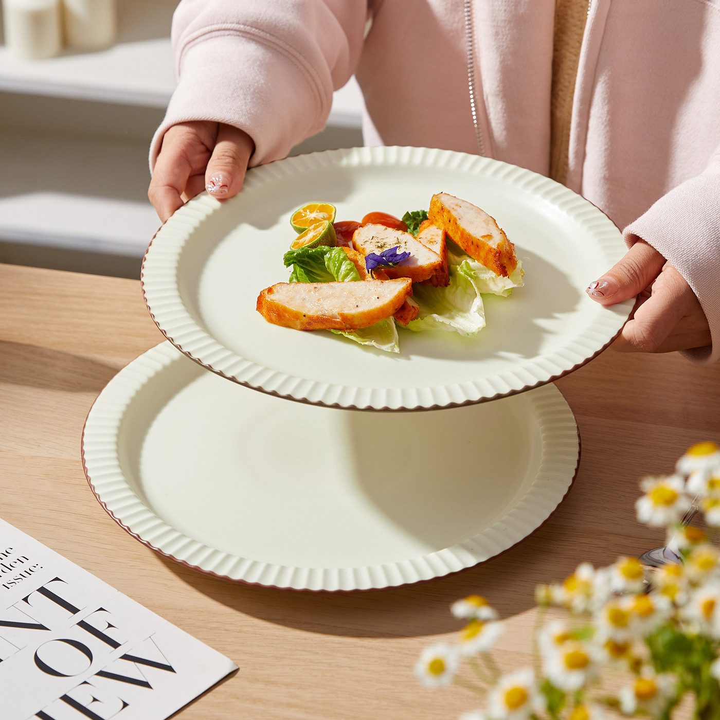 JIWOO Teller 4er Ø25,4cm, Steakteller Salatteller Pastateller Dessertteller Plate, (24 St), Keramik Hochwertiges Tellerset Weiß Mikrowellen spülmaschinenfest