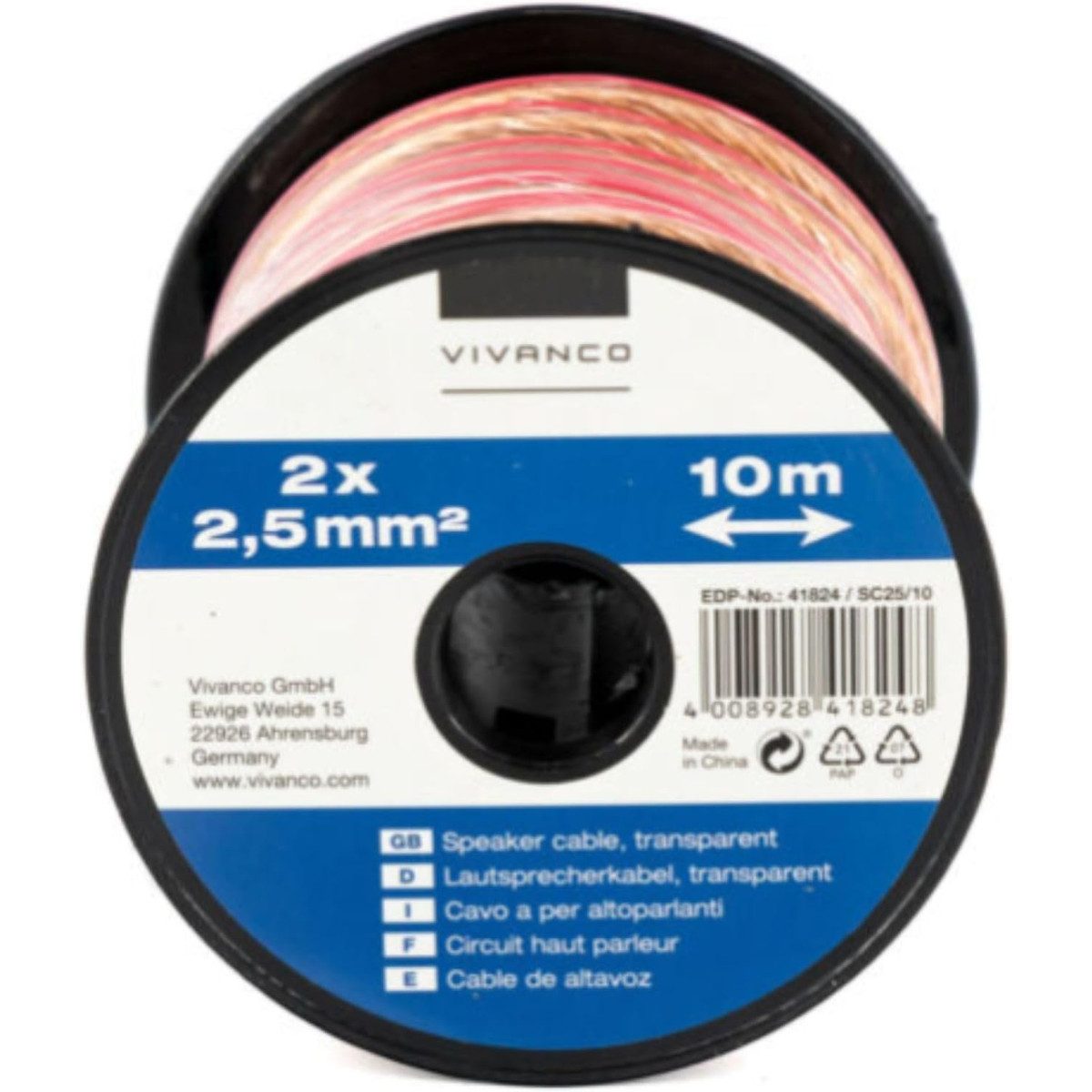 Vivanco 46824 Lautsprecherkabel 10 m – 2× 2,5 mm² Audio-Kabel auf Minispule Audio-Kabel, (1000 cm)