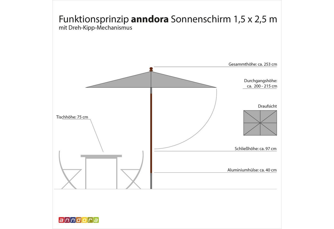 Thumbnail - anndora-sonnenschirm Sonnenschirm Balkonschirm Gartenschirm knickbar, LxB: 150,00x250,00 cm, Silbergrau, rechteckig - se...