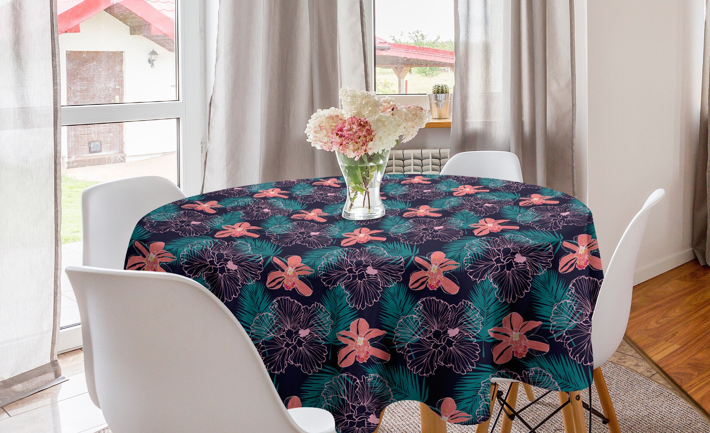 Esszimmer Abdeckung Tischdecke Luau Küche auf Kreis für dunklem Blätter Abakuhaus Tischdecke Dekoration, Hibiscus