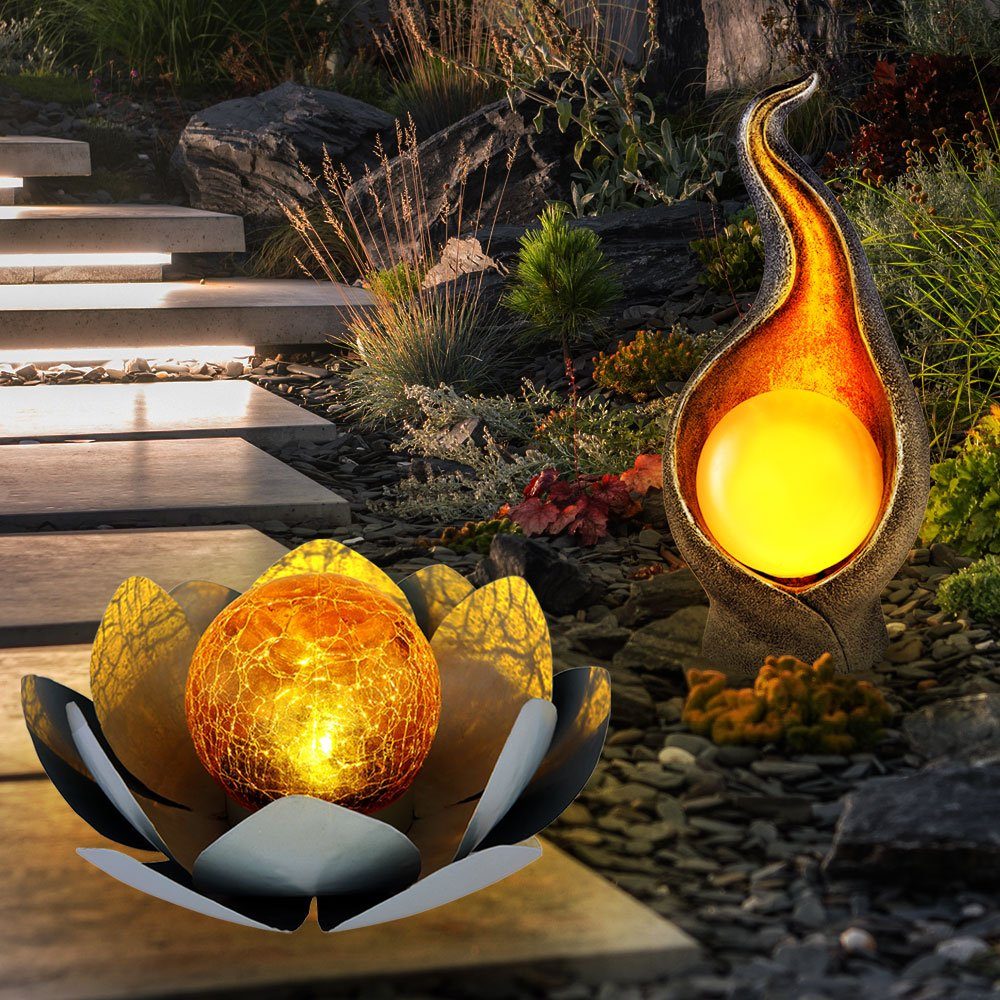 GLOBO LIGHTING LED Solarleuchte, LED-Leuchtmittel fest verbaut, Warmweiß, Gartendeko Außenlampe Solarlampe Lotusblume Flammen Balkonlampe 2x