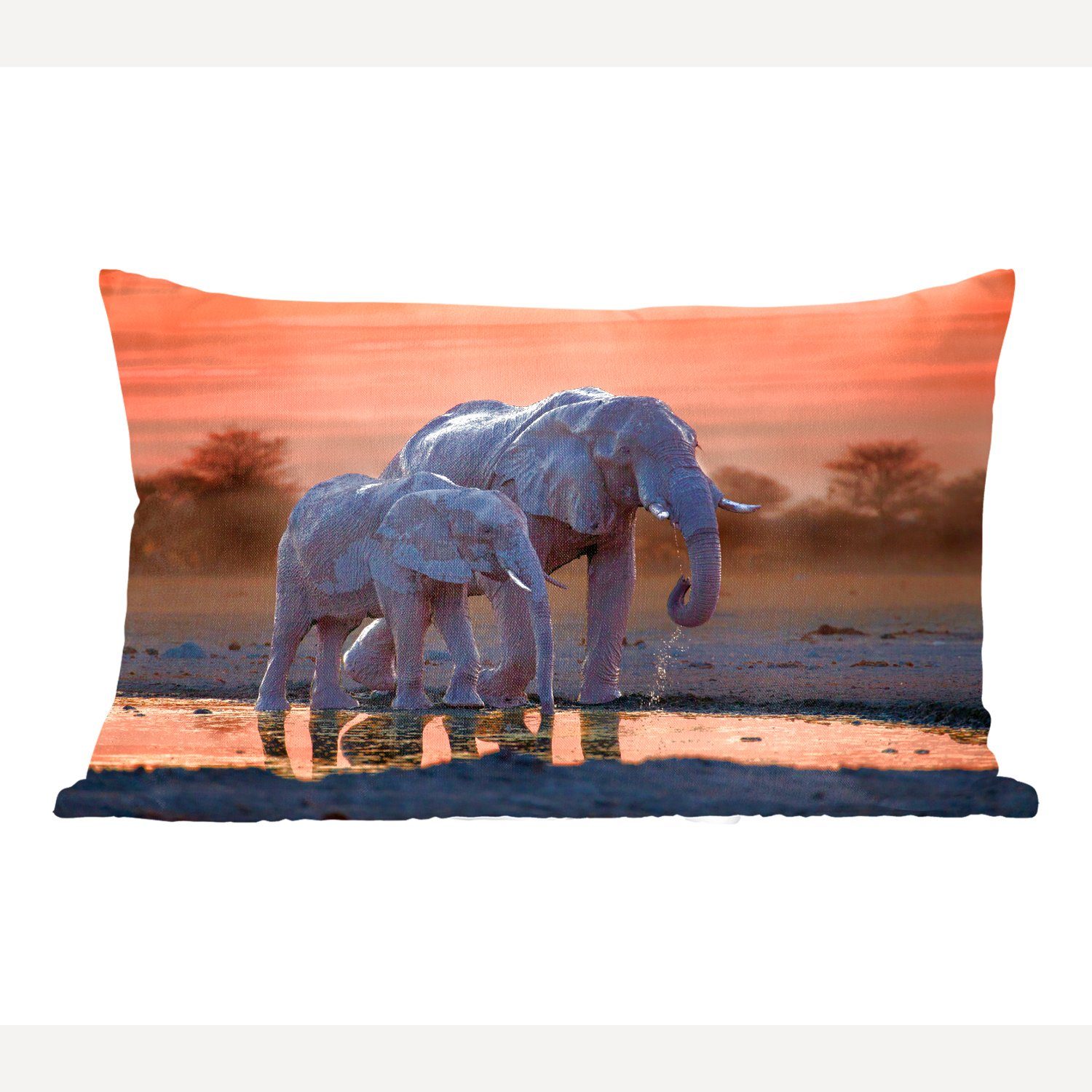MuchoWow Dekokissen Elefant - Tiere - Sonnenuntergang - Wasser - Orange, Wohzimmer Dekoration, Zierkissen, Dekokissen mit Füllung, Schlafzimmer