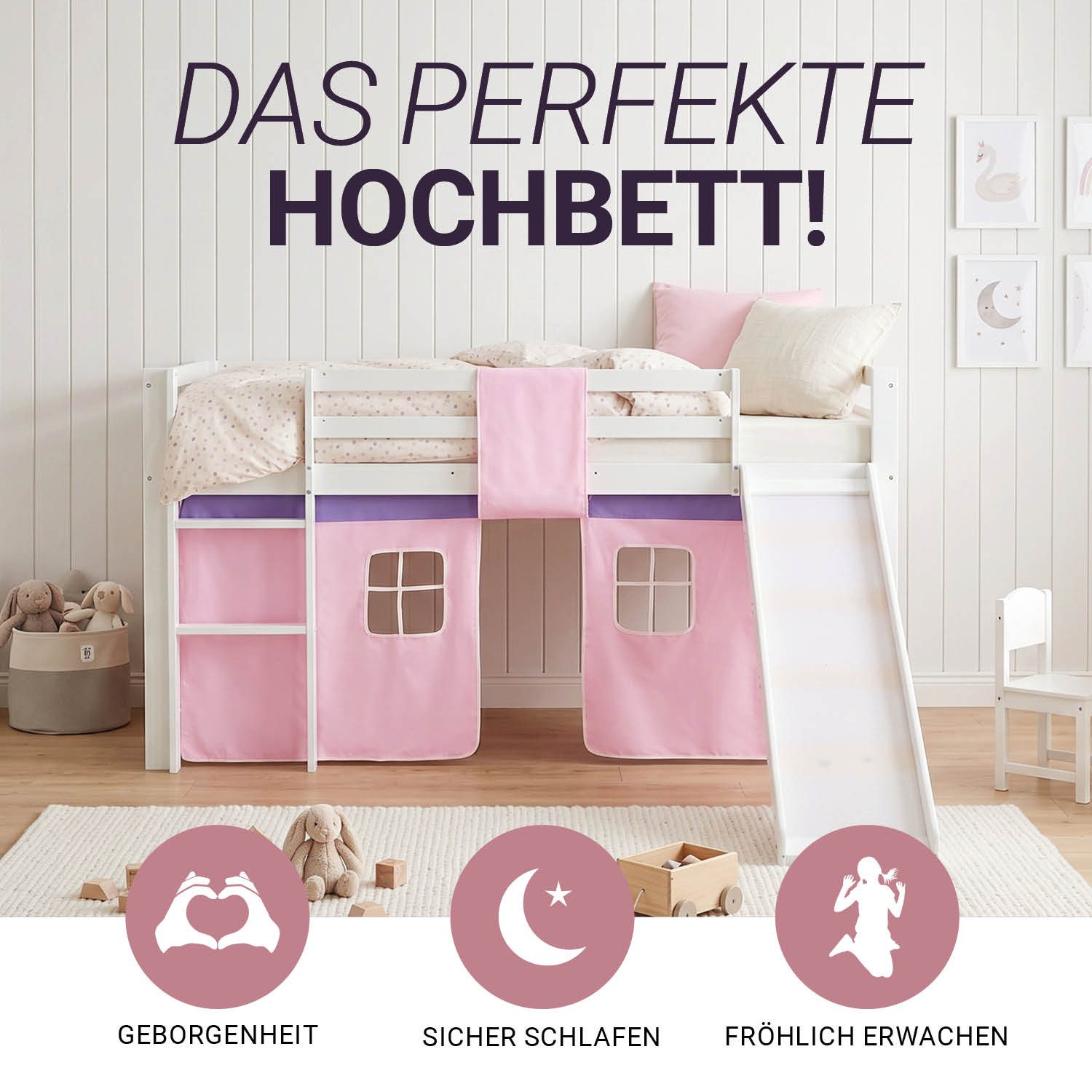 Homestyle4u Hochbett 90x200 Kinderbett mit Leiter und Vorhang Weiß Rosa Holz Treppe Kinder (Set, mit Lattenrost, Rutsche, Spielbett) Kiefer, Jungen Mädchen