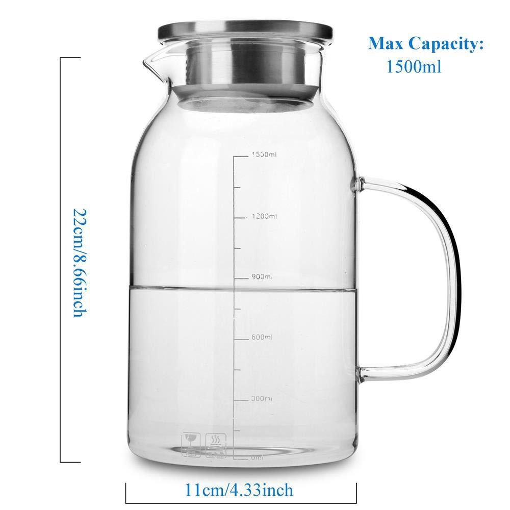 Intirilife Karaffe, (Glas Krug mit Filter in KLAR - 1,8l Karaffe, 1-tlg), Karaffe aus Borosilikatglas mit Henkel und Filter und Deckel