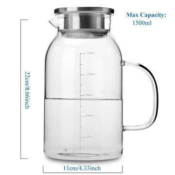 Intirilife Karaffe, (Glas Krug mit Filter in KLAR - 1,8l Karaffe), Karaffe aus Borosilikatglas mit Henkel und Filter und Deckel