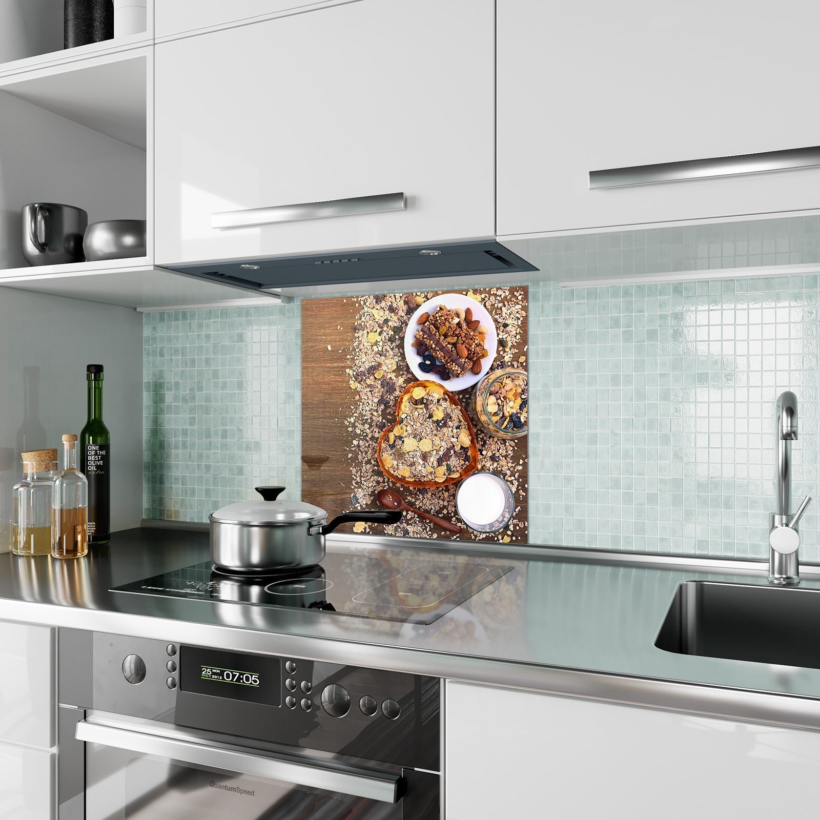 Spritzschutz Glas Küchenrückwand Küchenrückwand Nüsse mit Müsli und Primedeco Motiv