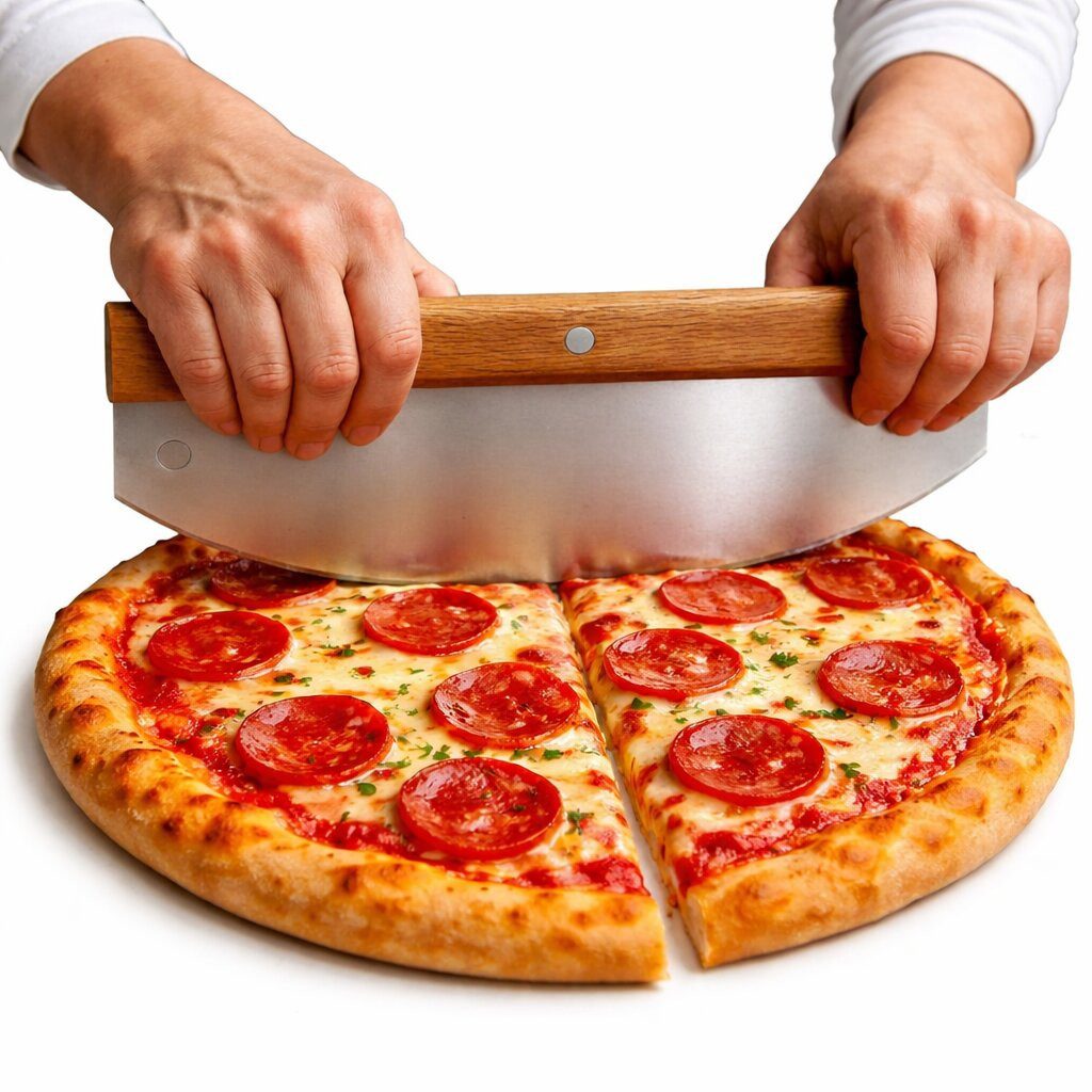 BigDean Wiegemesser Pizzaschneider 32 cm aus Edelstahl mit Holzgriff – Profi Pizzamesser, Rostfreier Edelstahl, 32cm schnittlänge, einfache 2hand bedienung