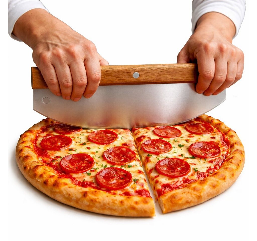 BigDean Wiegemesser Pizzaschneider 32 cm aus Edelstahl mit Holzgriff – Profi Pizzamesser, Rostfreier Edelstahl, 32cm schnittlänge, einfache 2hand bedienung