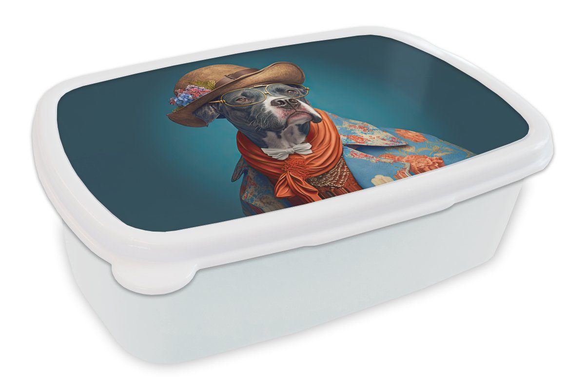 MuchoWow Lunchbox Hund - Jacke - Blumen - Hut - Blau, Kunststoff, (2-tlg), Brotbox für Kinder und Erwachsene, Brotdose, für Jungs und Mädchen weiß