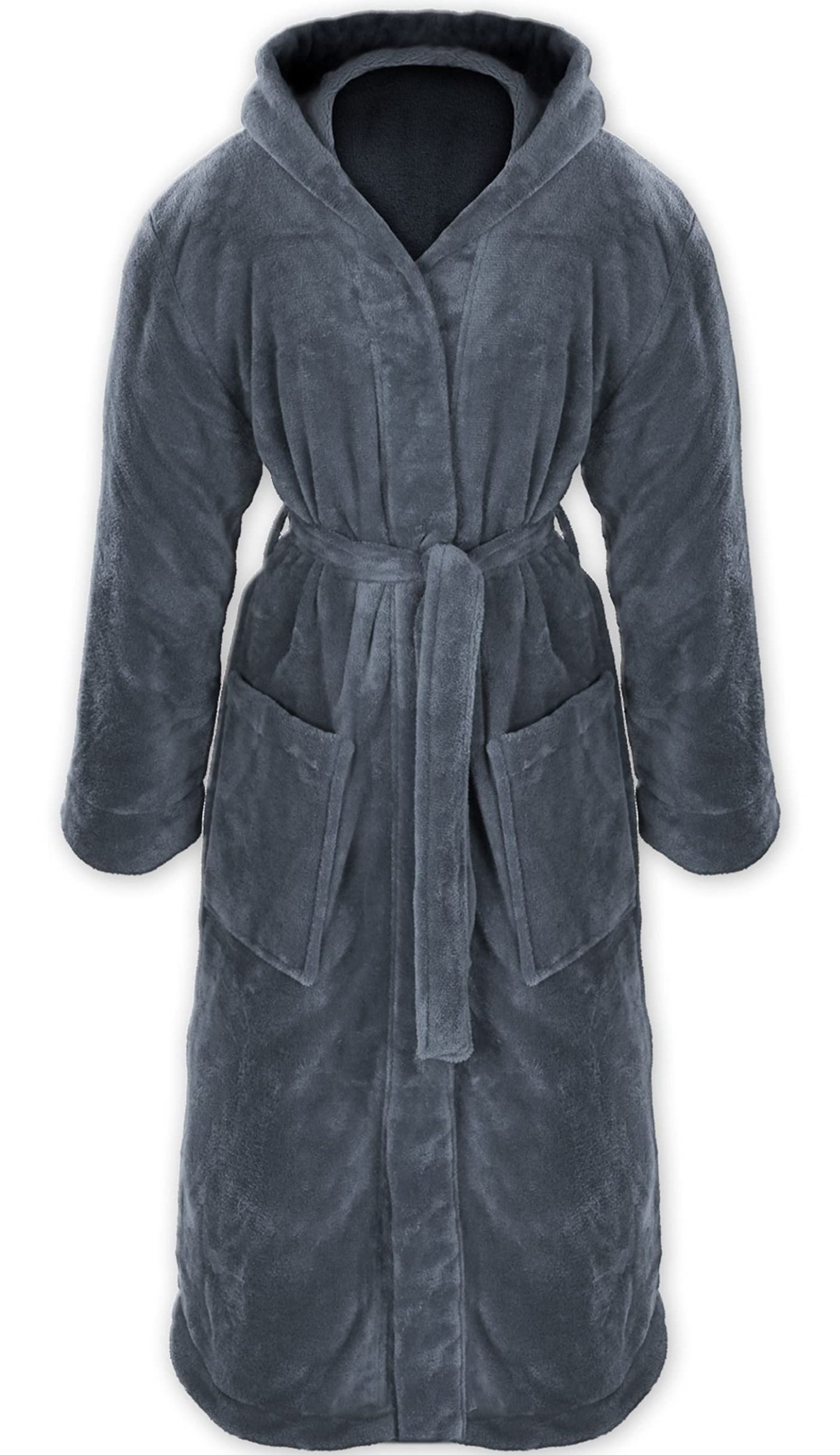 Gräfenstayn Unisex-Bademantel - Bademantel Herren mit Kapuze - Flanell-Fleece Unisex, warm & kuschelig, Waden bis Knöchellang, Fronttaschen, Gürtel, S-XXXL