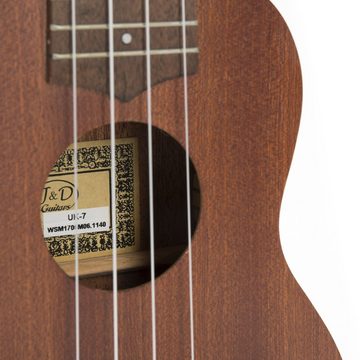 J & D Ukulele, Ukulele, Sopran Ukulele mit Korpus aus Mahagoni in Natural Satin, Gitarrenmechaniken für Stimmstabilität, Palisander Steg, Standard, Ukulele, Sopran Ukulele, Mahagoni Korpus