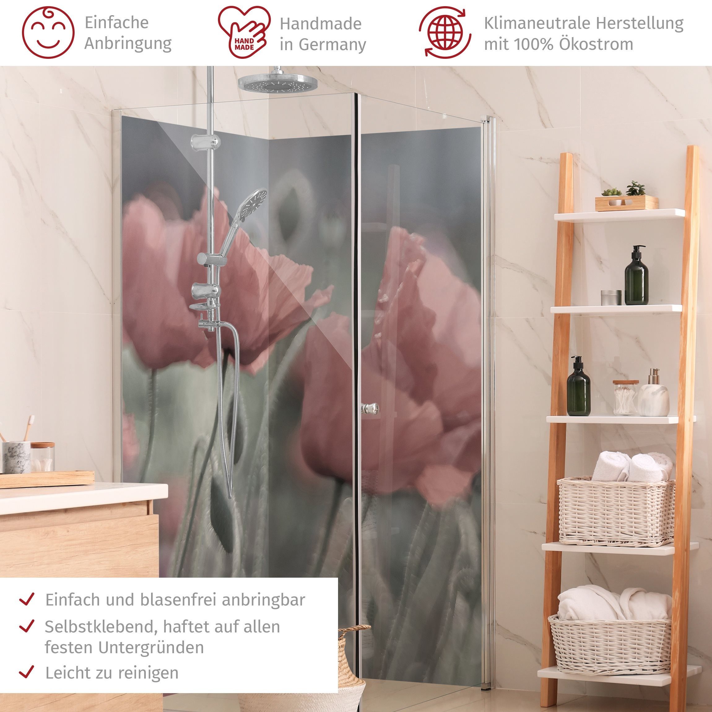 Thumbnail - Bilderdepot24 Badrückwand Blumen rosa Duschrückwand ohne Bohren Dusche, (2-tlg., Hart-Folie Premium matt 0,61 mm), fugen...