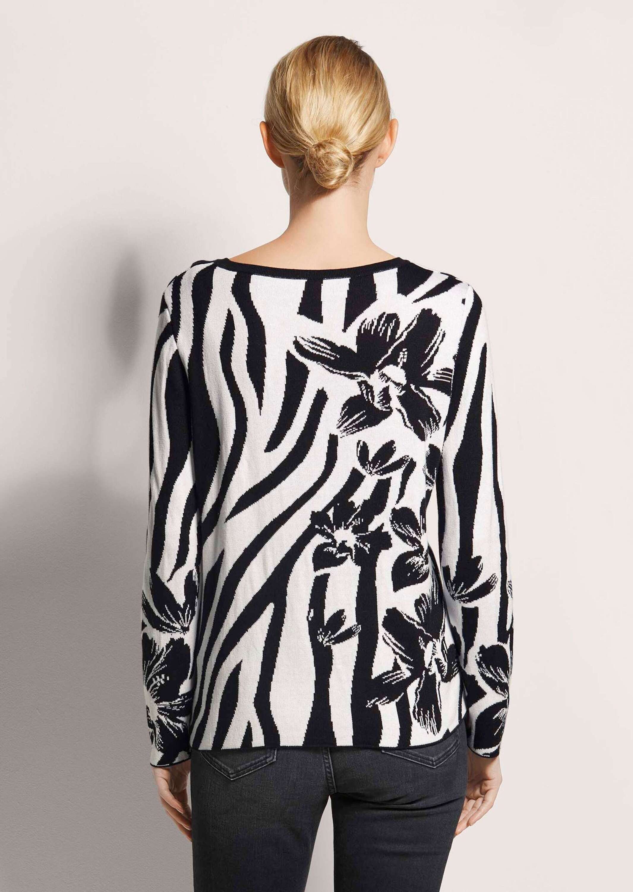 MADELEINE Strickpullover Intarsienpullover mit Zebra- und Blumenmuster Baumwollpullover mit Rundhalsausschnitt und langarm