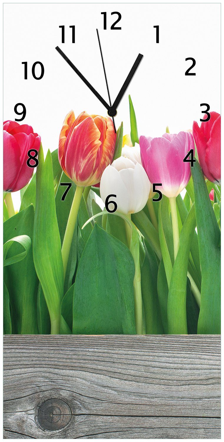 Wallario Wanduhr Rote weiße und pinke Tulpen im Frühling (Uhr aus Acryl) | Wanduhren