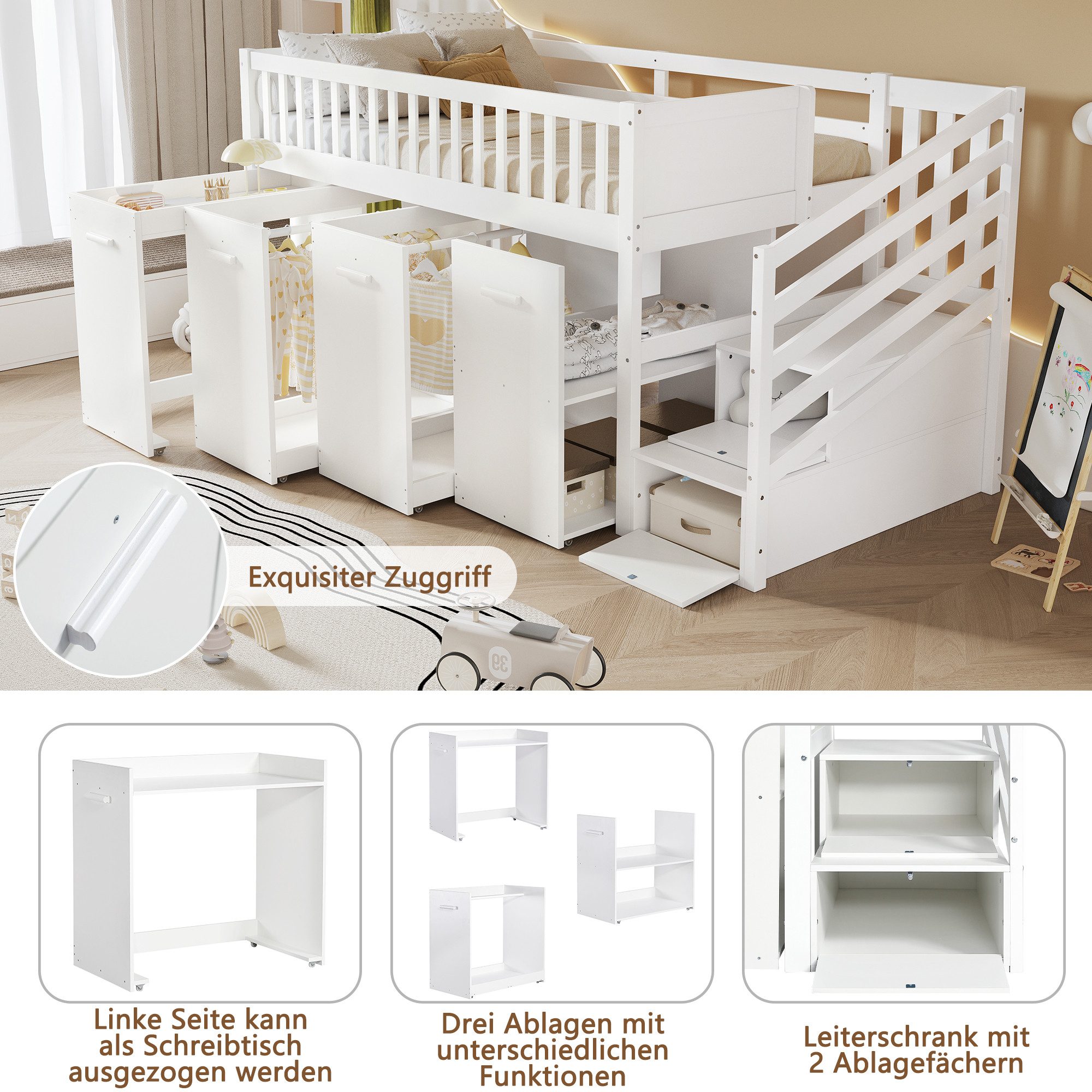 Merax Hochbett (2 Schließfächer in der Treppe, 1-St., Kieferholz Kinderbett Jugendbett Stockbett Holzbett) Etagenbett 90x200cm mit Schreibtisch Kleiderschrank & – Bild 5 von 5