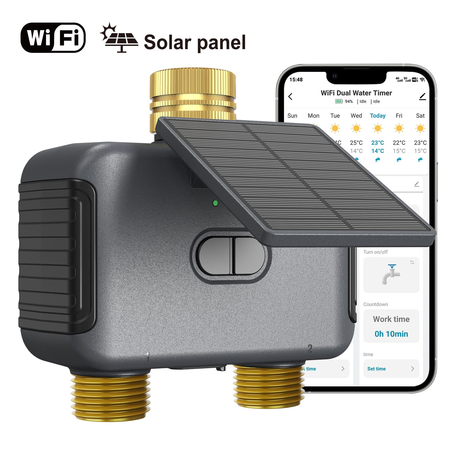 Blossom Bewässerungscomputer WLAN Smart Bewässerungssystem 2 Zonen mit App, Solar & USB-C, PX6, (automatische Gartenbewässerung, Regenverzögerung), Bewässerungstimer Garten für Rasenflächen und Innenhöfe
