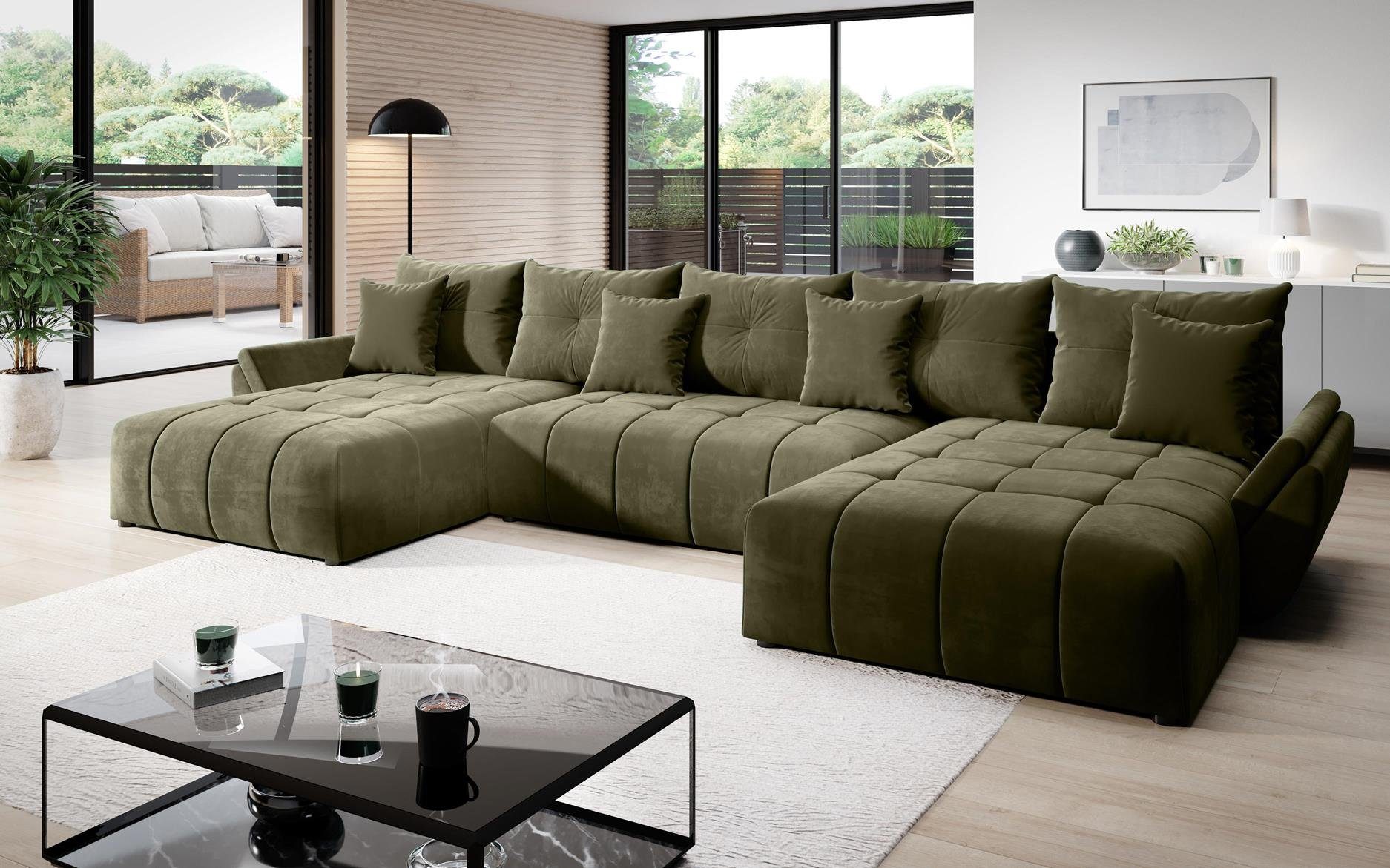 Furnix Schlafsofa CALVANI U Polstercouch in U-Form mit Bettkasten Kissen, 385 x 190 x 71/91 cm, hochwertig, made in Europe Moos Grün MH38