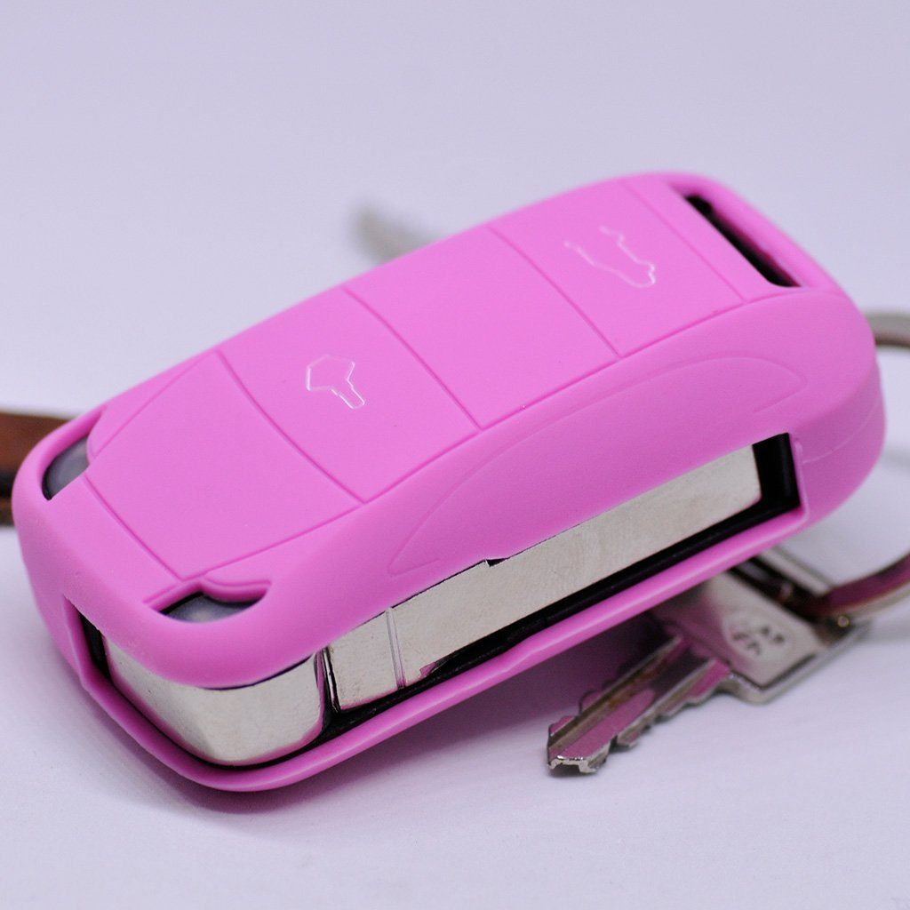 mt-key Schlüsseltasche Autoschlüssel Softcase Silikon Schutzhülle Rosa, für Porsche Cayenne 955 9PA 2002-2012 2 Tasten Klappschlüssel