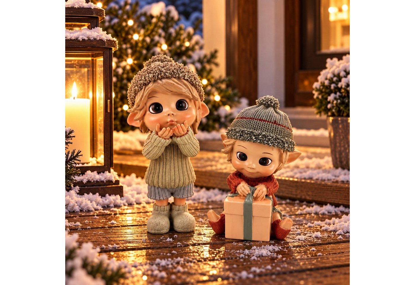 Online-Fuchs Gartenfigur für außen - 2 süße Elfenjungen mit Geschenk - Weihnachtsdeko outdoor, (für den Innen- und Außenbereich, wetterfest), mit großen, glänzenden Glubschaugen und süßen Gesichtsausdruck