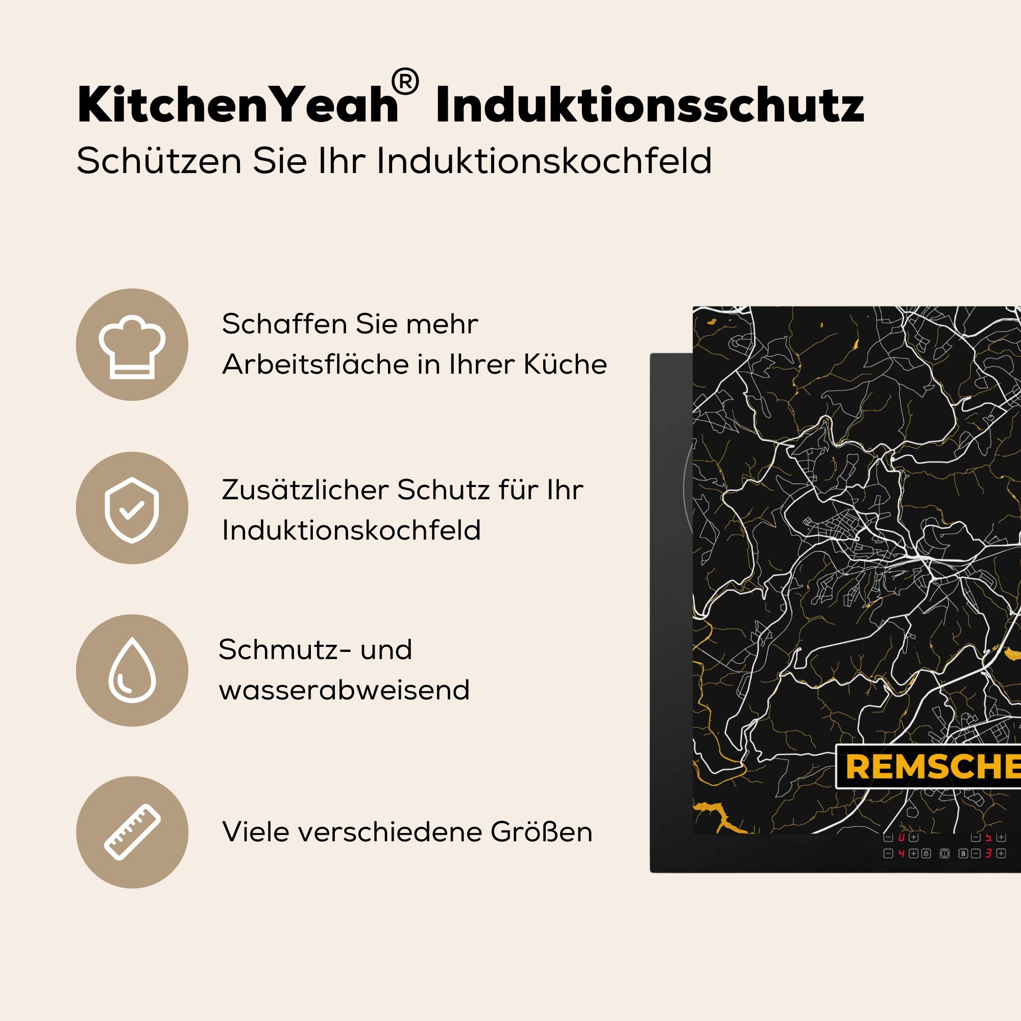 küche 78x78 Stadtplan Vinyl, Remscheid tlg), Herdblende-/Abdeckplatte - Karte cm, - MuchoWow Gold, Ceranfeldabdeckung, für Arbeitsplatte - Deutschland (1 -