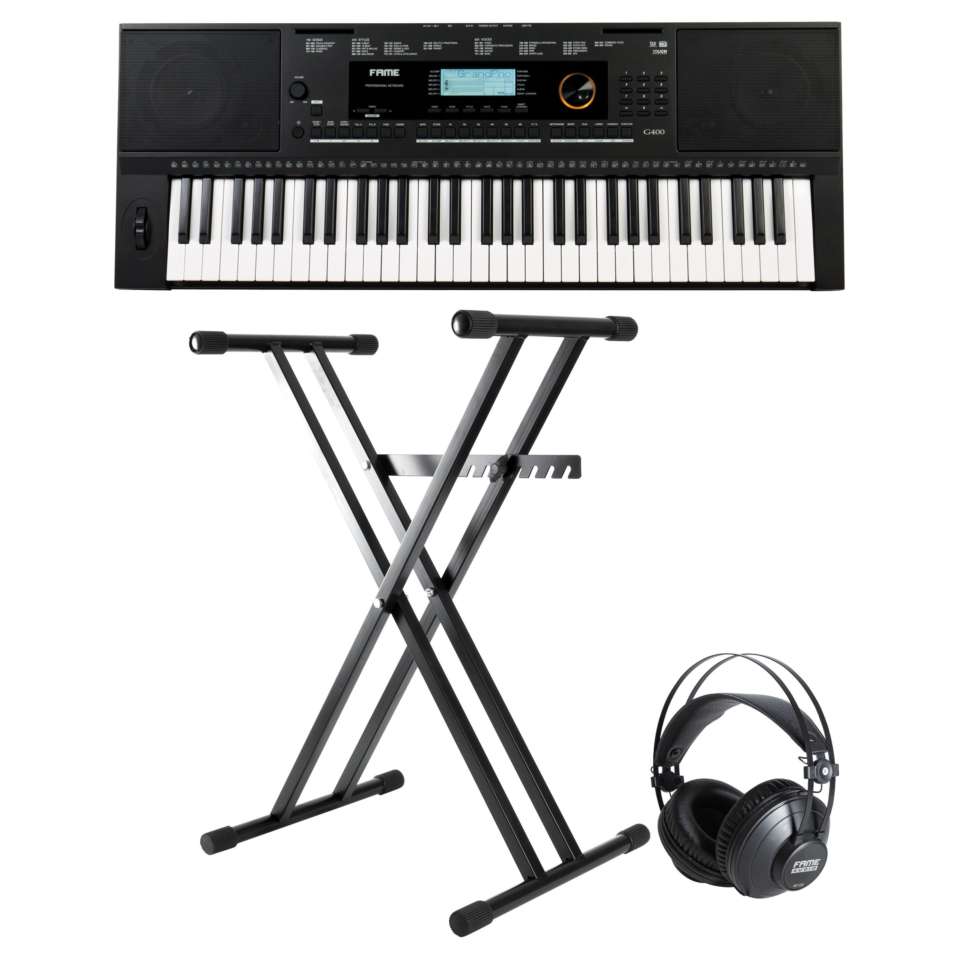 FAME Home-Keyboard (G-400 61 Tasten Keyboard Set 653 Sounds 240 Styles inklusive Kopfhörer und Ständer, Клавишные, Home Keyboard Sets), G-400, Keyboard Set, 653 Sounds