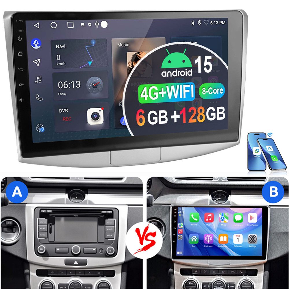 ESSGOO 8-Kern 6+128GB Für VW Passat B7 2010-2015 Autoradio Android 15 Autoradio (RDS, Digitalradio (DAB), FM, 6+128GB, AM, Apple Carplay Android Auto 4G LTE DSP SWC)