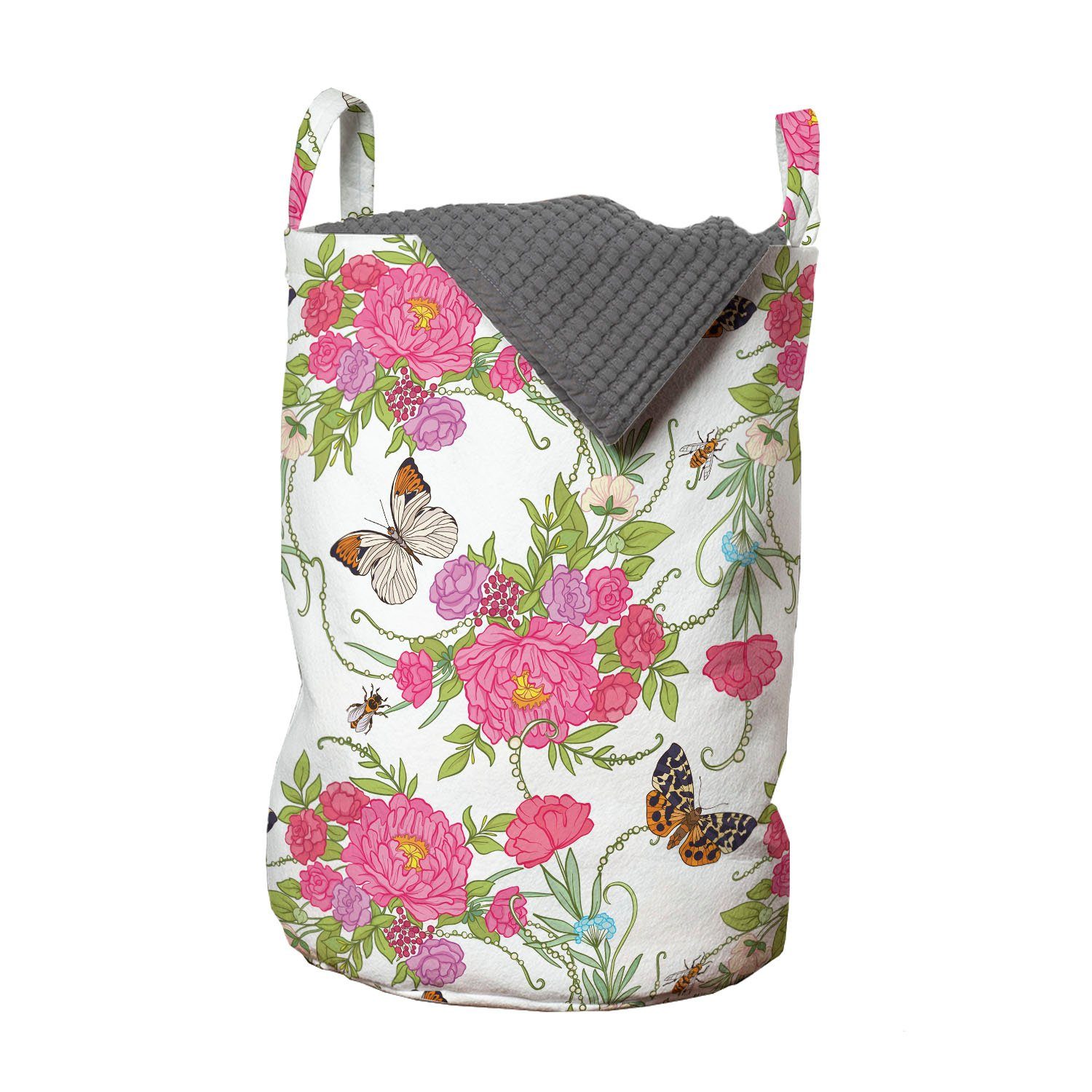 Abakuhaus Wäschesäckchen Wäschekorb mit Griffen Kordelzugverschluss für Waschsalons, Frühling Schmetterlinge auf Blumen-Kunst